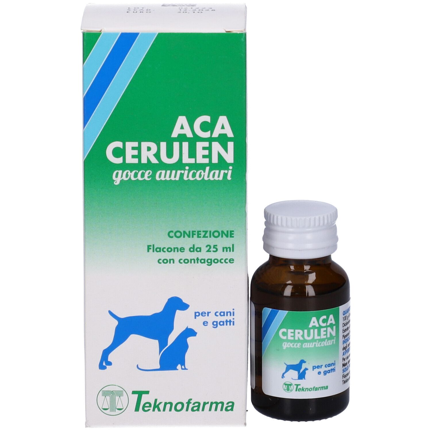 Confezione e flacone con Aca Cerulen. Testo per cani e gatti sulla confezione.