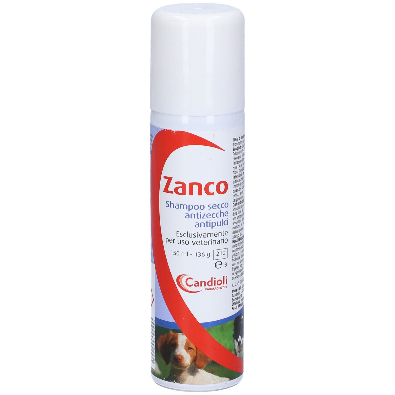 Zanco Shampoo Secco Antizecche Antipulci. Flacone spray bianco con arco rosso. Contiene 150 ml. Per uso veterinario.