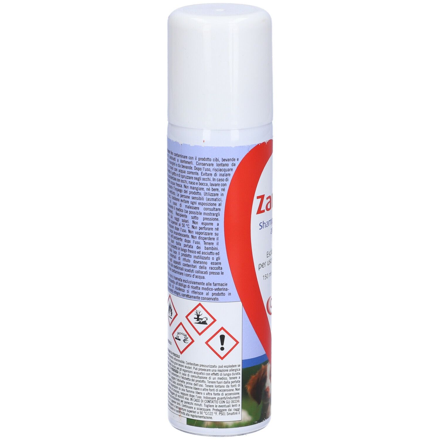 Retro del flacone Zanco Shampoo Secco Antizecche Antipulci. Testo e avvertenze. Simboli di pericolo.