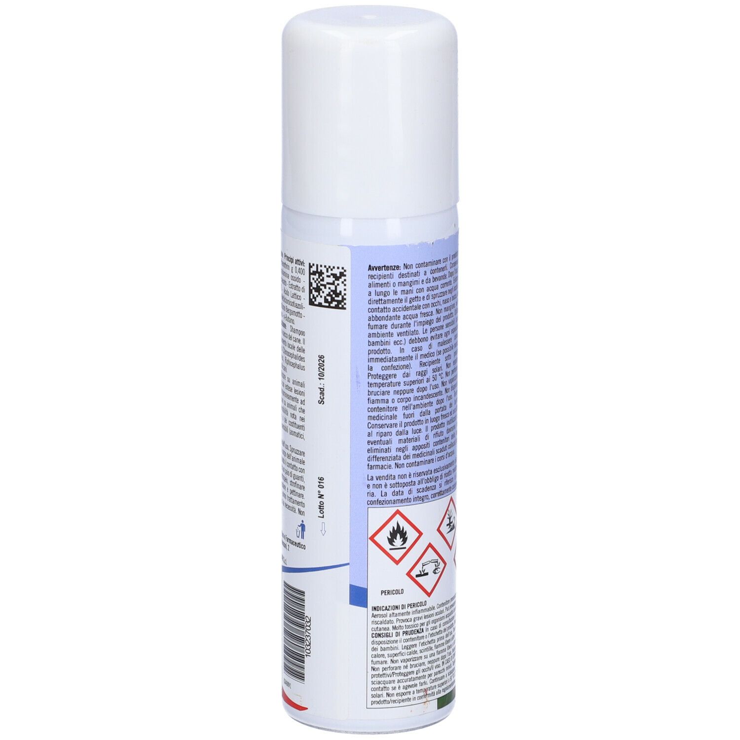 Retro del flacone Zanco Shampoo Secco Antizecche Antipulci. Testo e avvertenze. Simboli di pericolo.