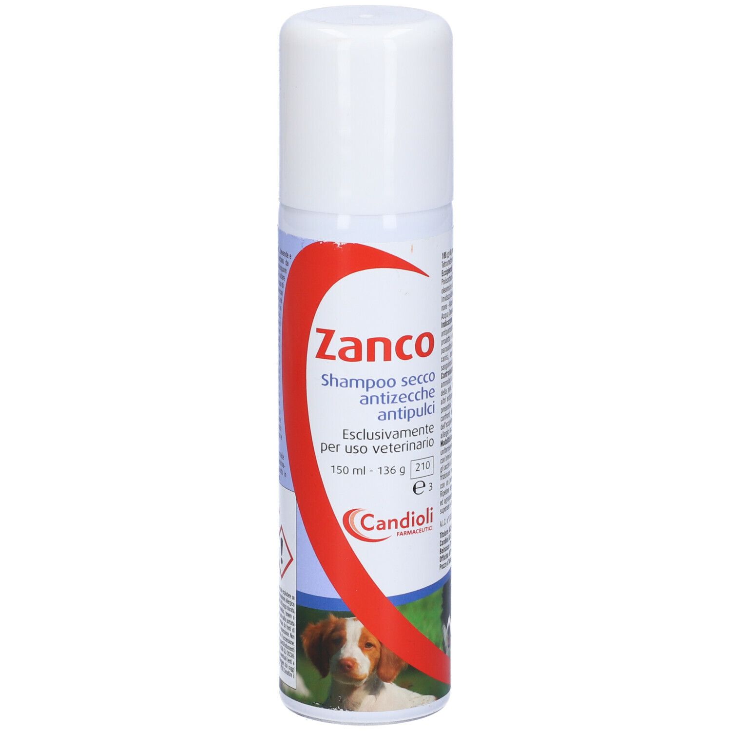 Zanco Shampoo Secco Antizecche Antipulci. Flacone spray bianco con arco rosso. Contiene 150 ml. Per uso veterinario.