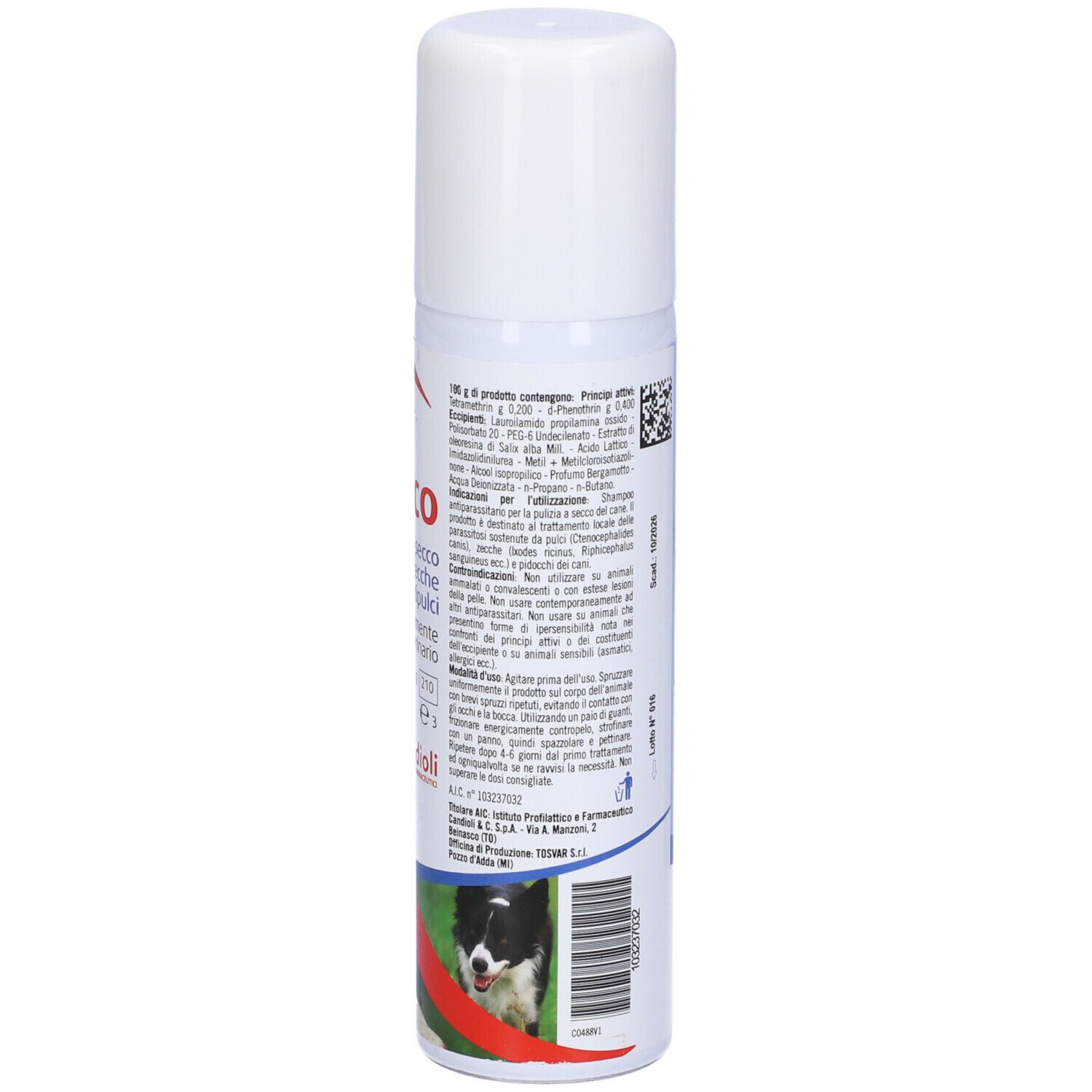 Retro del flacone Zanco Shampoo Secco Antizecche Antipulci. Testo e avvertenze. Simboli di pericolo.