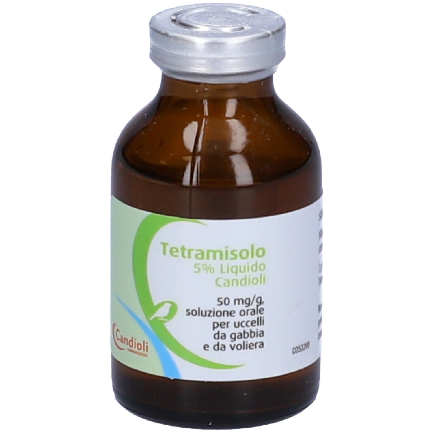 Flacone di vetro marrone con tappo argentato. Etichetta verde con testo: Tetramisolo 5% Liquido Candioli.