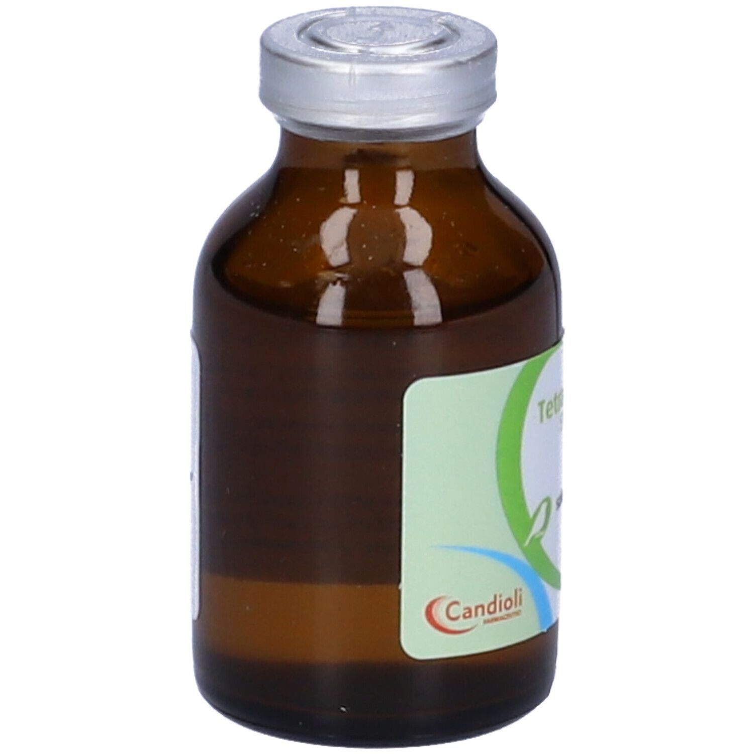 Flacone di vetro marrone con tappo argentato. Etichetta verde con testo: Tetramisolo 5% Liquido Candioli.