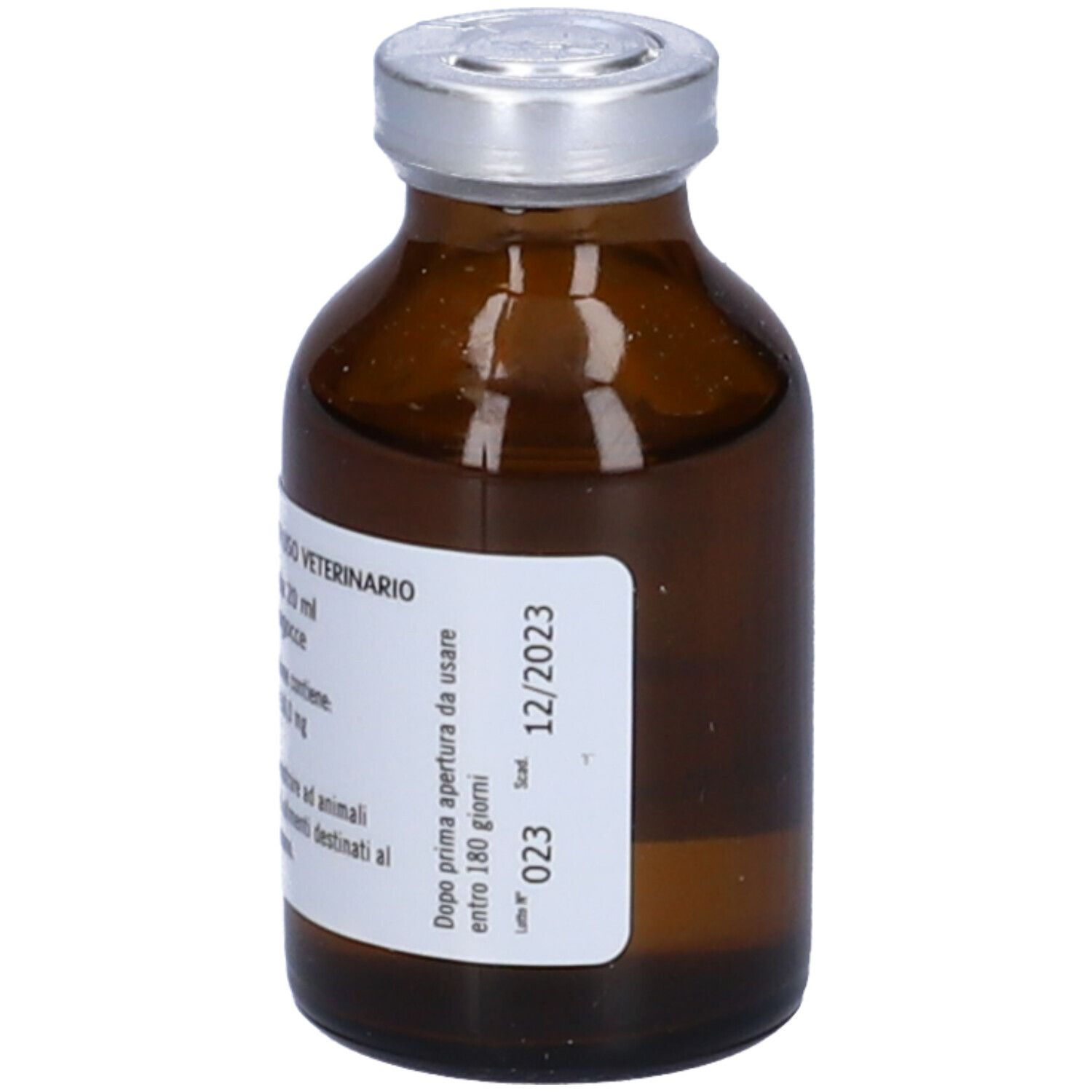 Flacone vetro marrone con tappo argentato. Etichetta posteriore. Testo: 12/2023, 20 ml, dopo apertura.