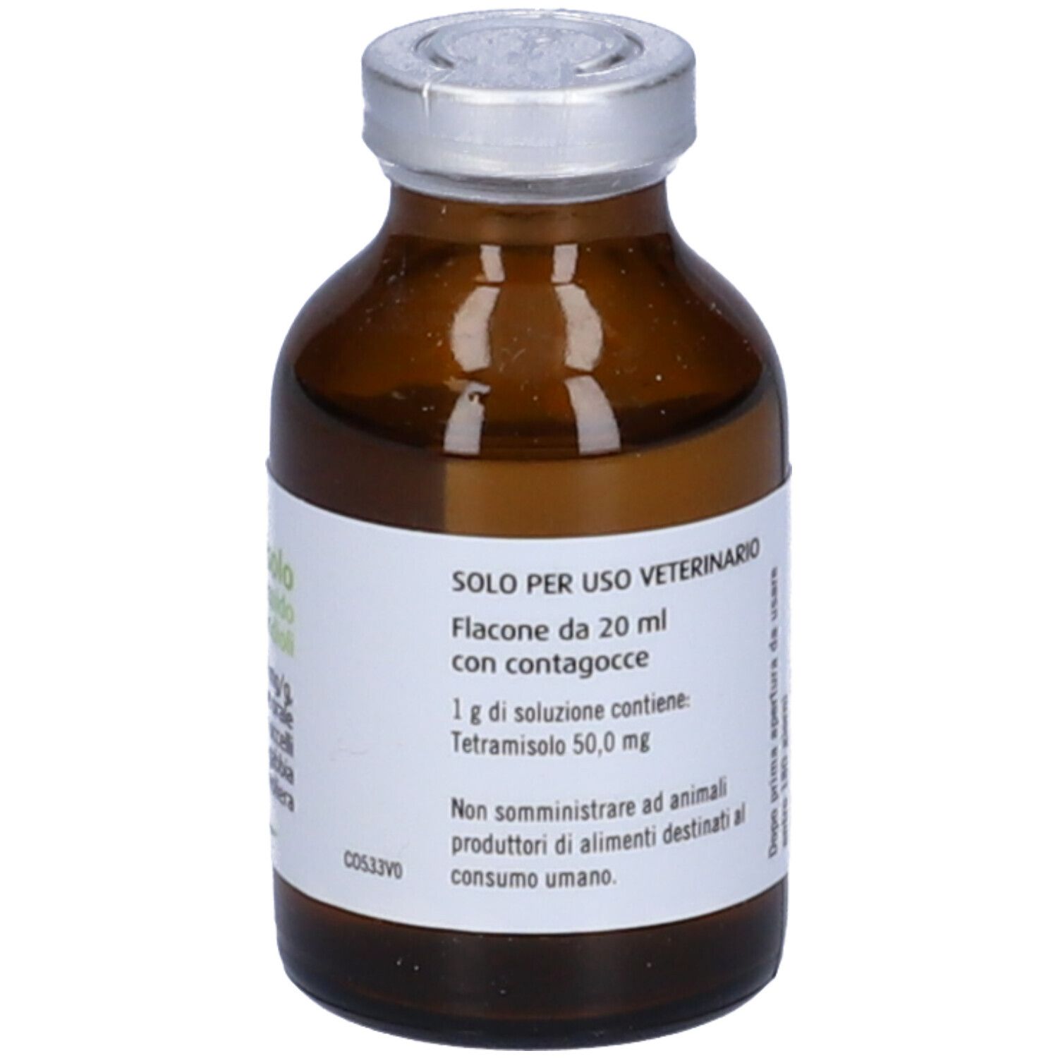 Flacone vetro marrone con tappo argentato. Etichetta con testo: Flacone da 20 ml, solo uso veterinario.