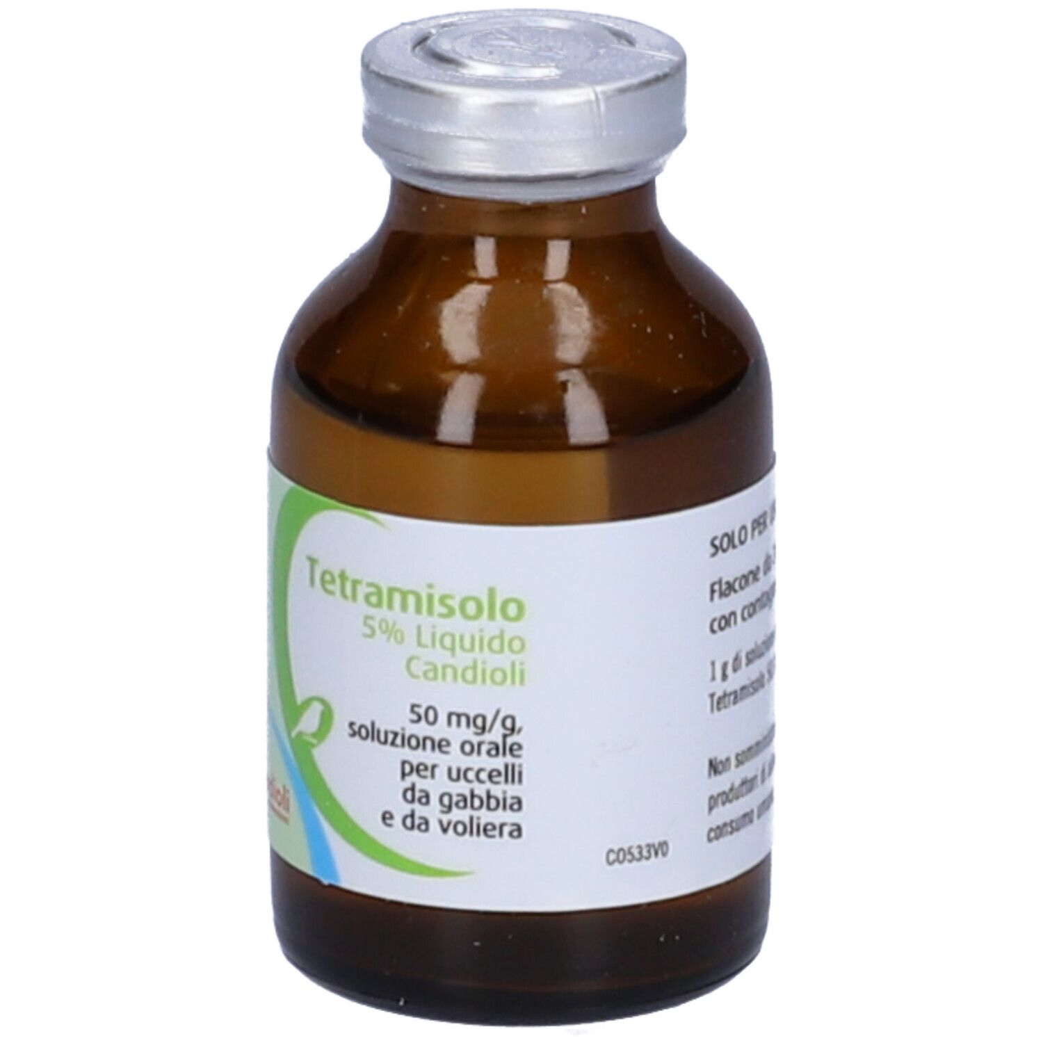 Flacone di vetro marrone con tappo argentato. Etichetta verde con testo: Tetramisolo 5% Liquido Candioli.