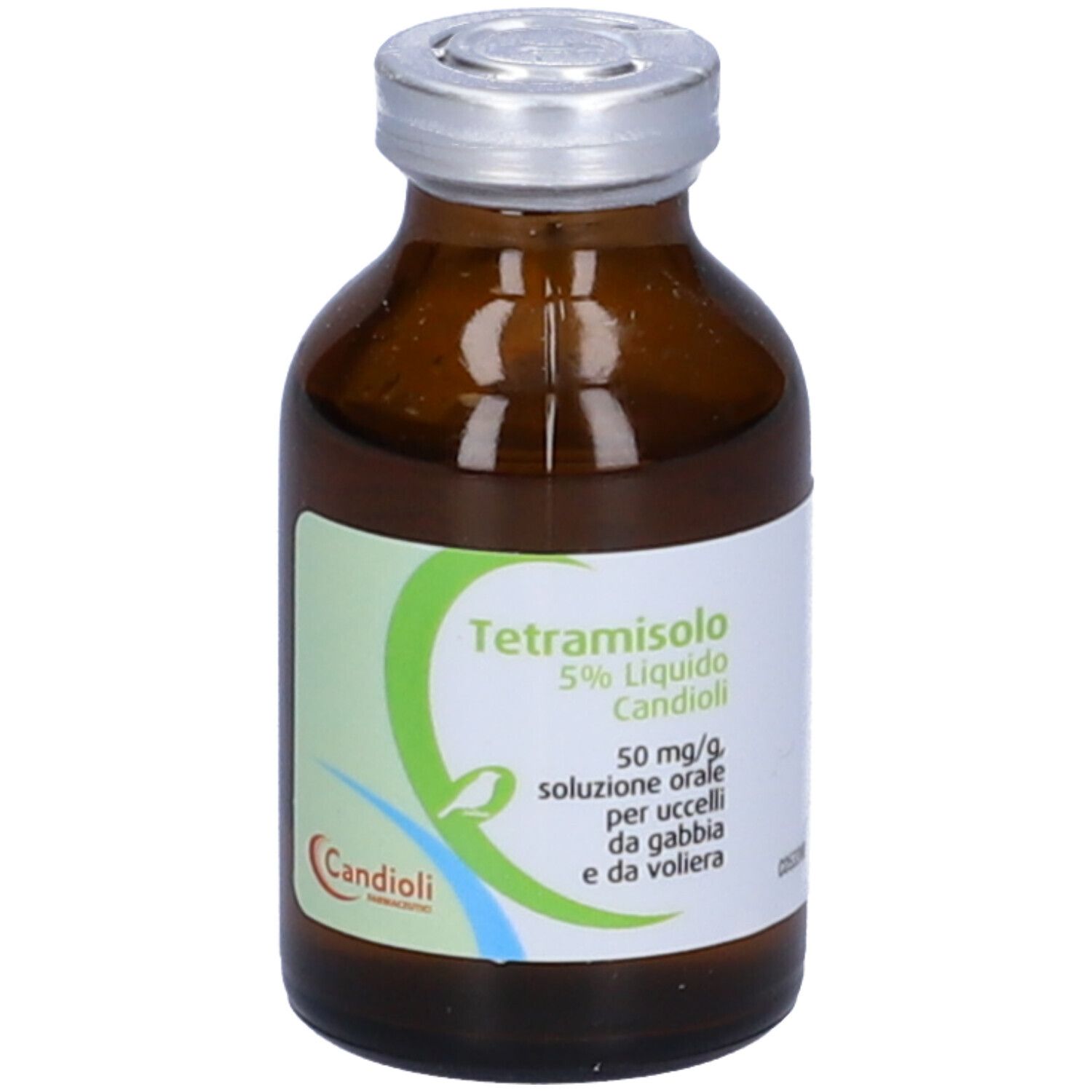Flacone di vetro marrone con tappo argentato. Etichetta verde con testo: Tetramisolo 5% Liquido Candioli.