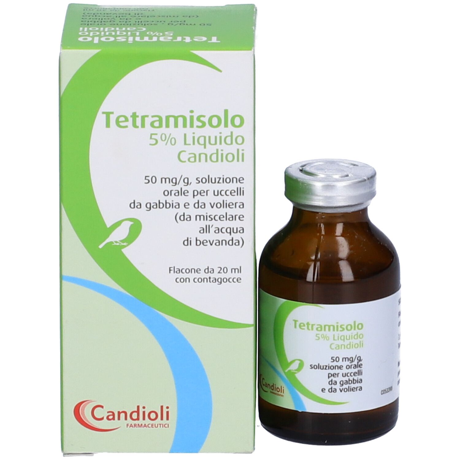Confezione con flacone. Scatola verde con testo: Tetramisolo 5% Liquido Candioli. Flacone marrone accanto.