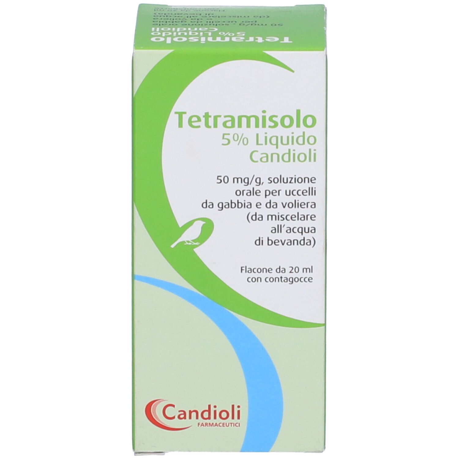 Confezione verde con testo: Tetramisolo 5% Liquido Candioli. Flacone da 20 ml con contagocce.