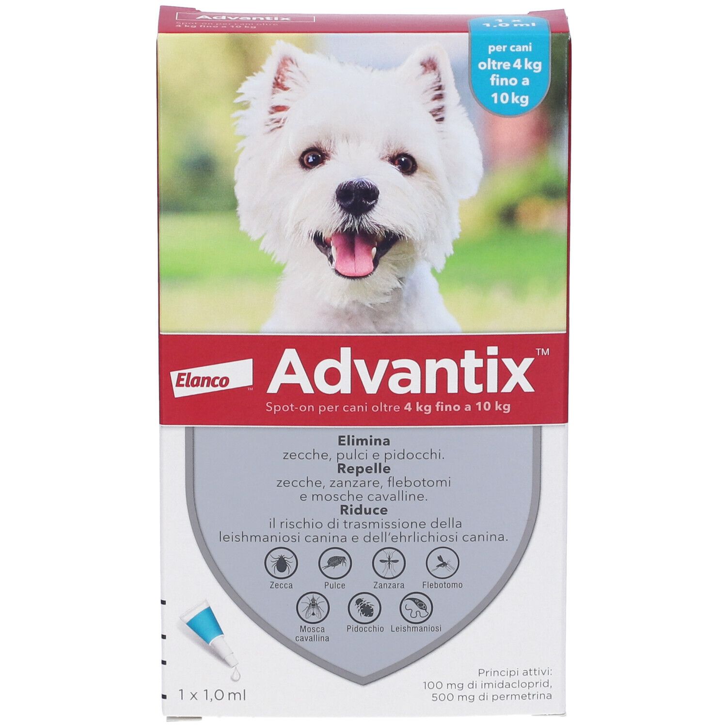 Confezione Advantix con immagine di cane. Contiene una pipetta. Testo: "Spot-on per cani oltre 4 kg fino a 10 kg".