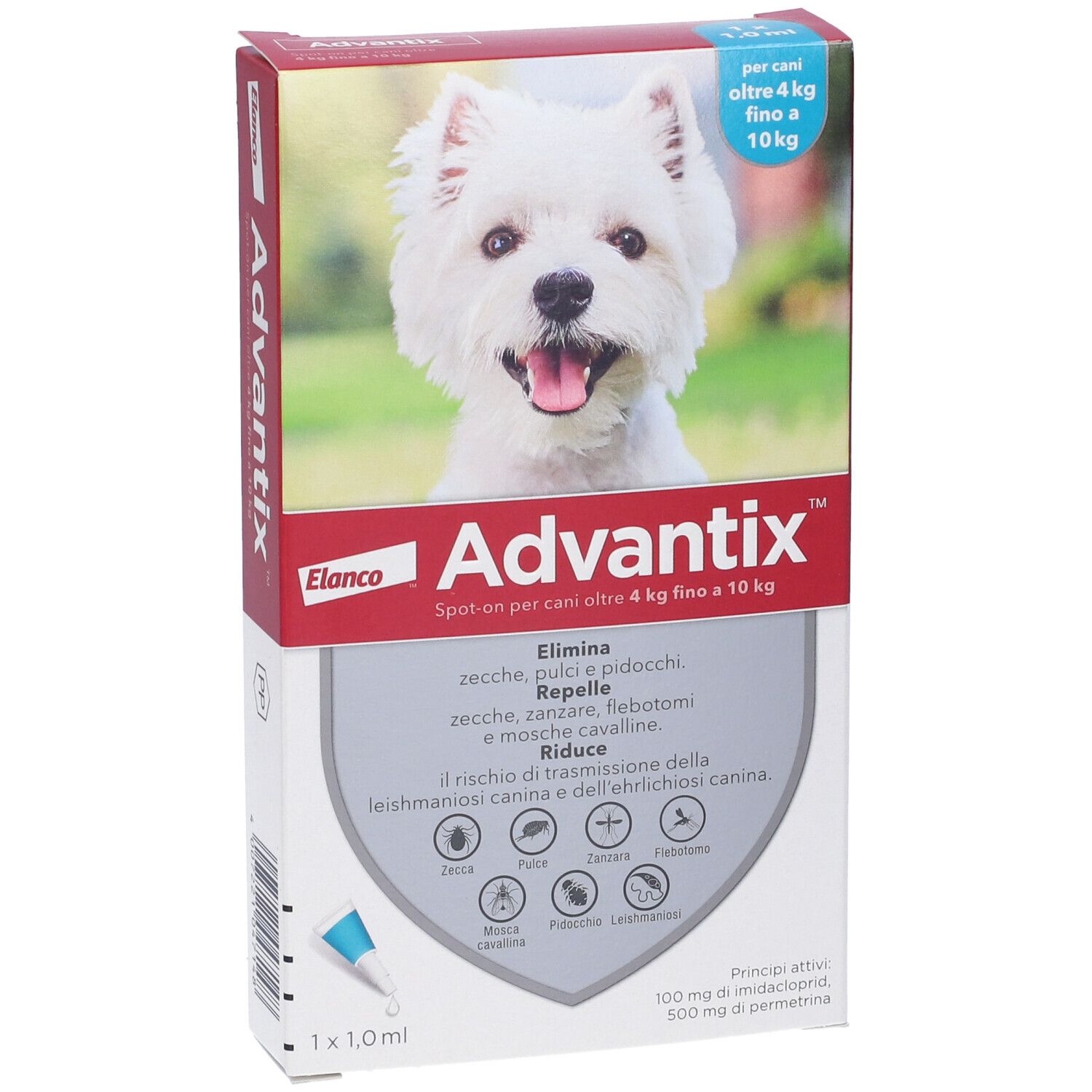 Confezione Advantix con immagine di cane. Contiene una pipetta. Testo: "Spot-on per cani oltre 4 kg fino a 10 kg".