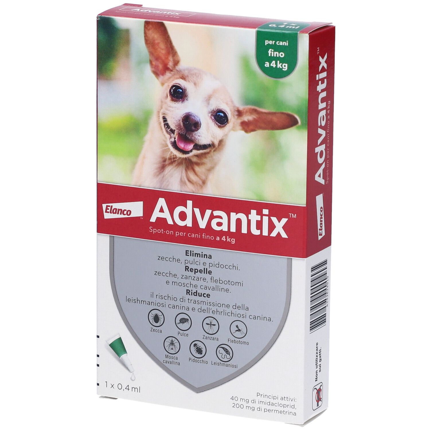 Confezione di Advantix Spot-On. Contiene una pipetta da 0,4 ml. Un cane è raffigurato sulla confezione.