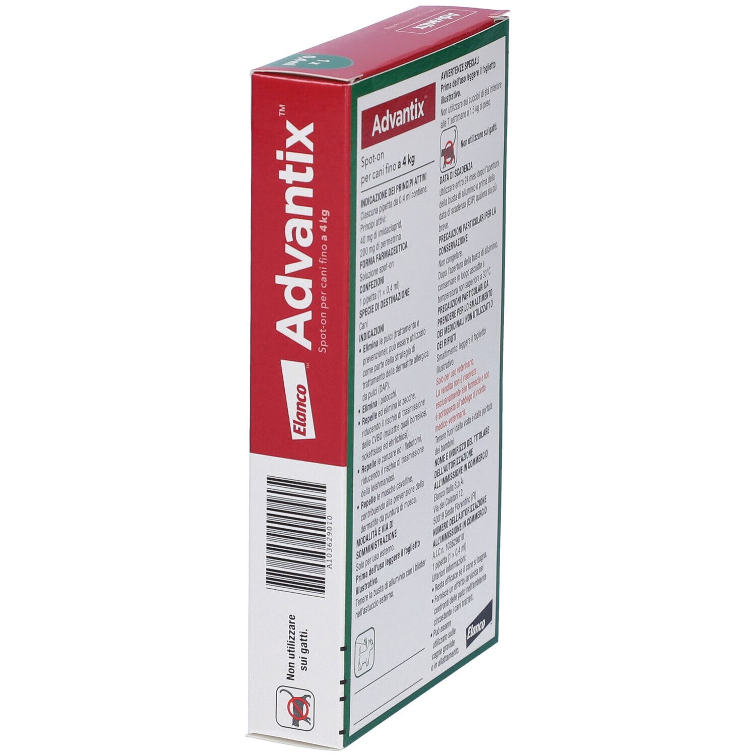 Confezione di Advantix Spot-On, in prospettiva. Contiene informazioni su ingredienti, uso e avvertenze.