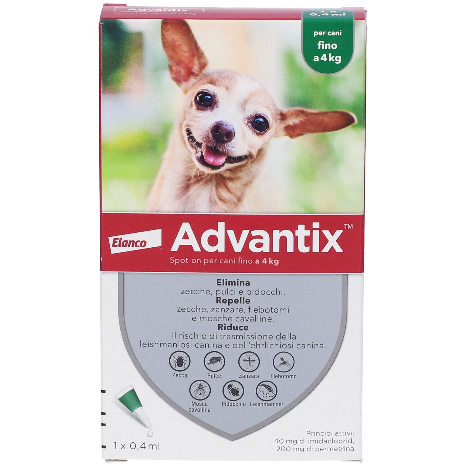 Confezione di Advantix Spot-On. Contiene una pipetta da 0,4 ml. Un cane è raffigurato sulla confezione.