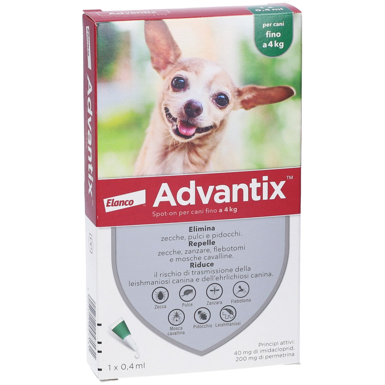 Confezione di Advantix Spot-On. Contiene una pipetta da 0,4 ml. Un cane è raffigurato sulla confezione.