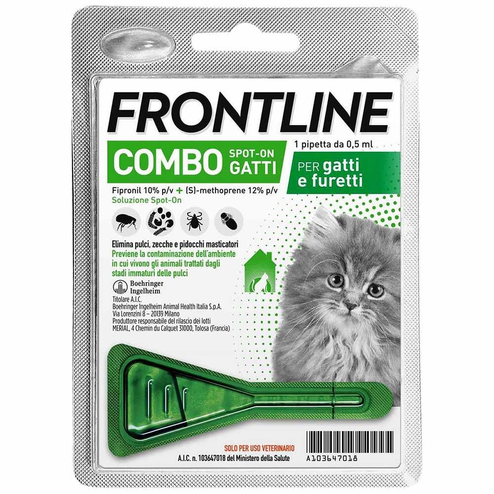 Confezione Frontline Combo Gatti. Contiene una pipetta verde e informazioni sul prodotto. Gatto sulla confezione.
