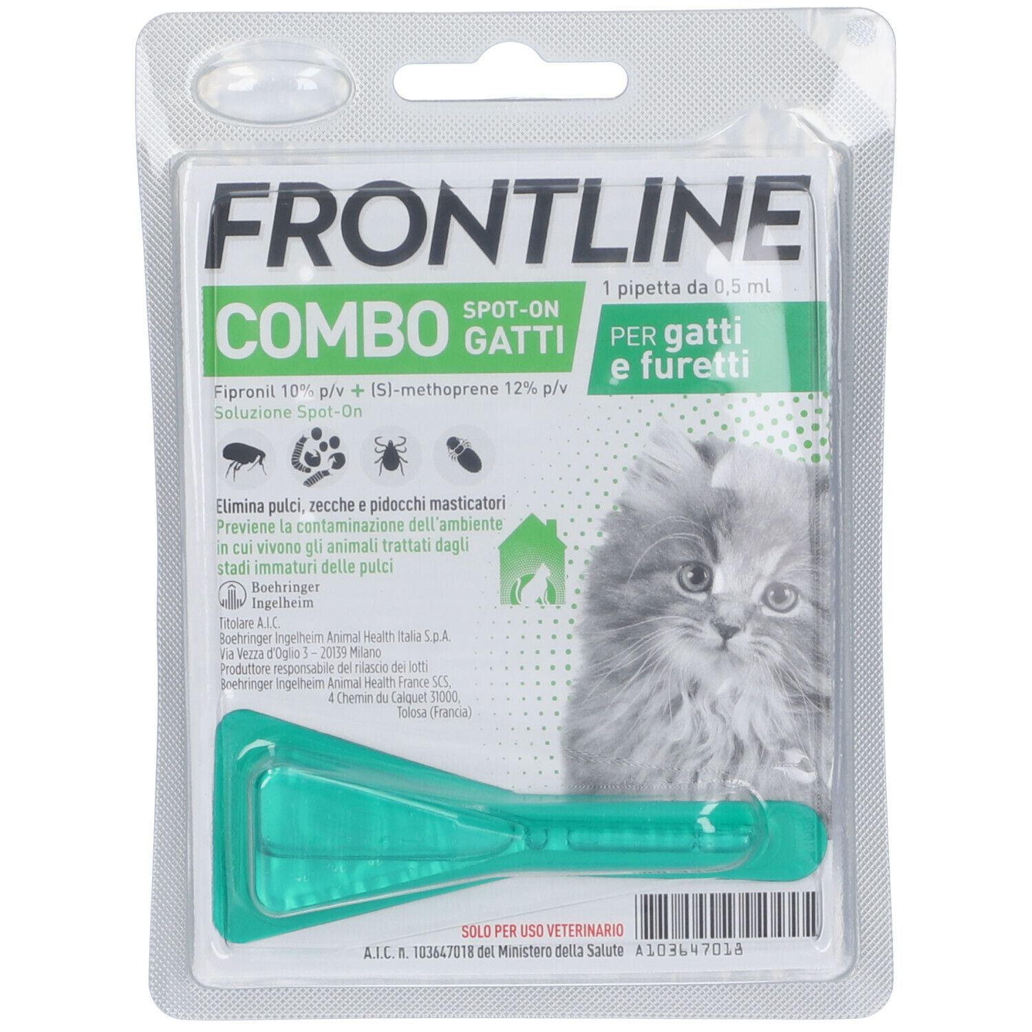 Confezione Frontline Combo Gatti. Contiene una pipetta verde e informazioni sul prodotto. Gatto sulla confezione.