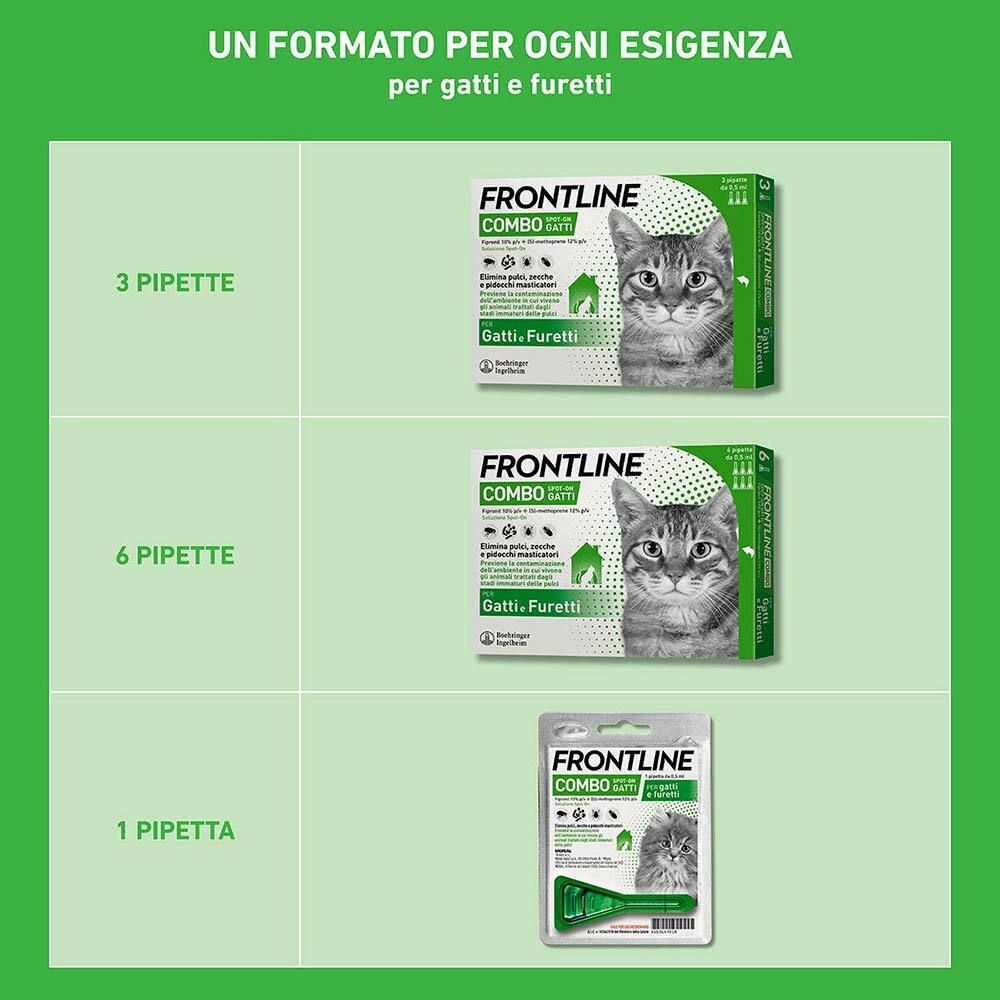 Confezioni Frontline Combo Gatti. Confezioni da 3, 6 e 1 pipette. Nome del prodotto e gatto raffigurati.