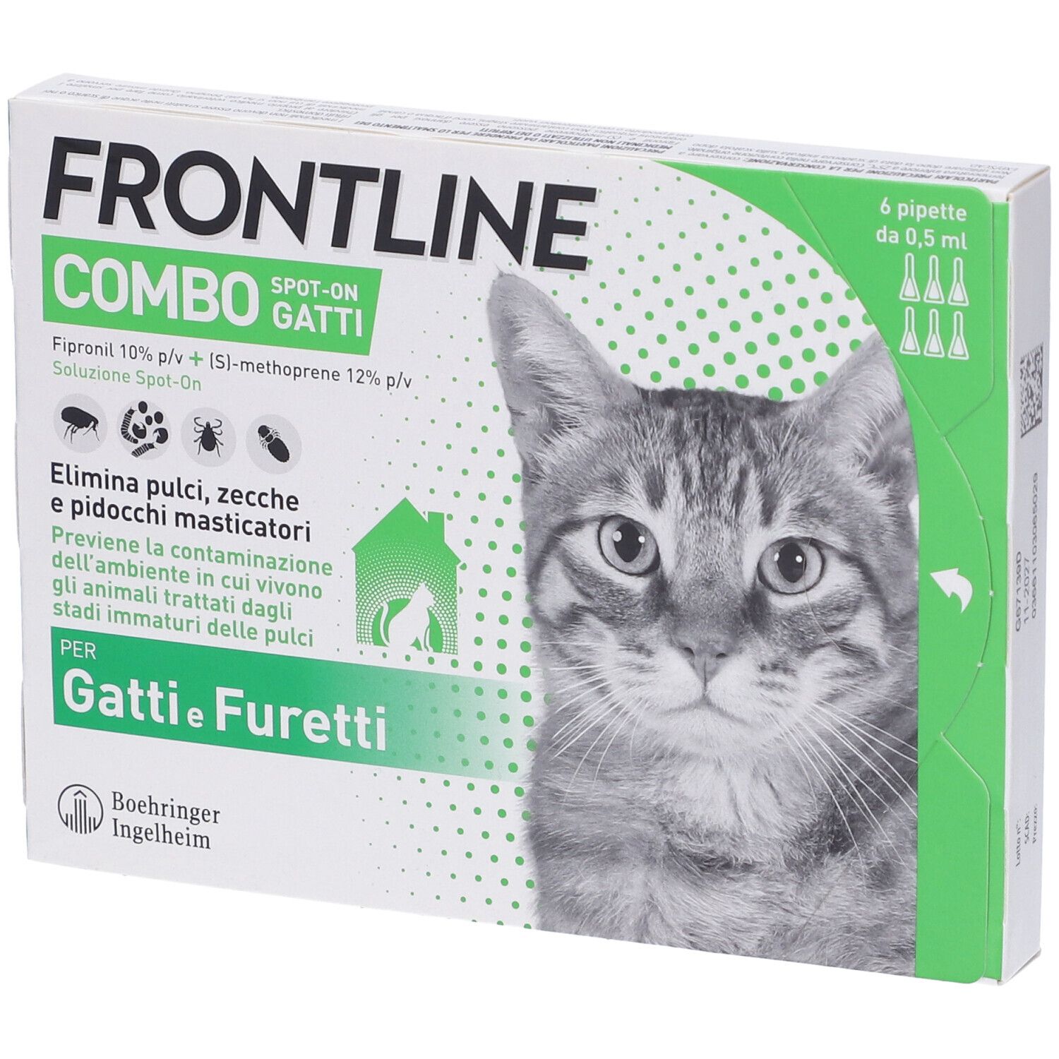 Confezione Frontline Combo Gatti. Contiene 6 pipette. Con gatto e informazioni sul prodotto.