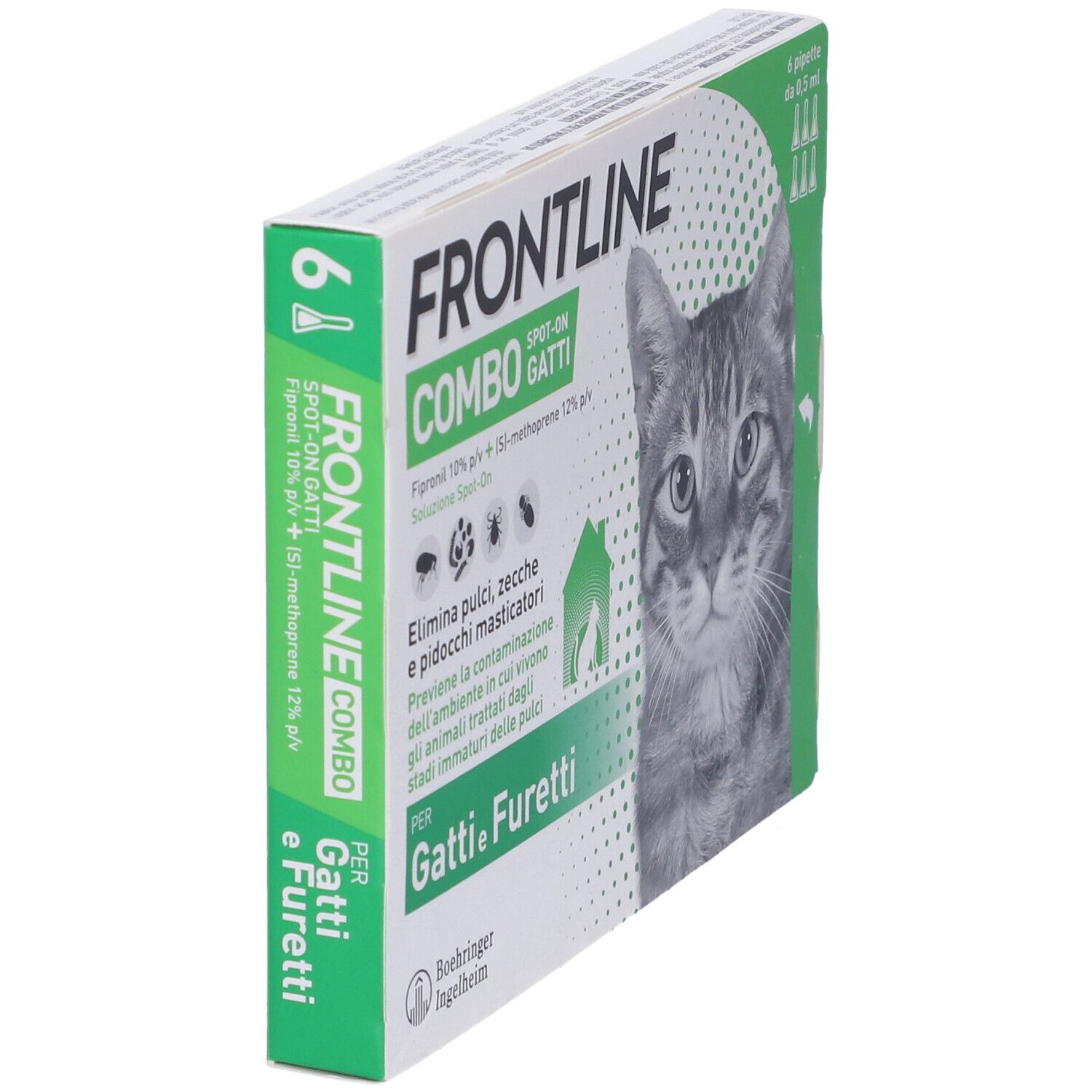 Confezione Frontline Combo Gatti. Contiene 6 pipette. Vista laterale con informazioni.