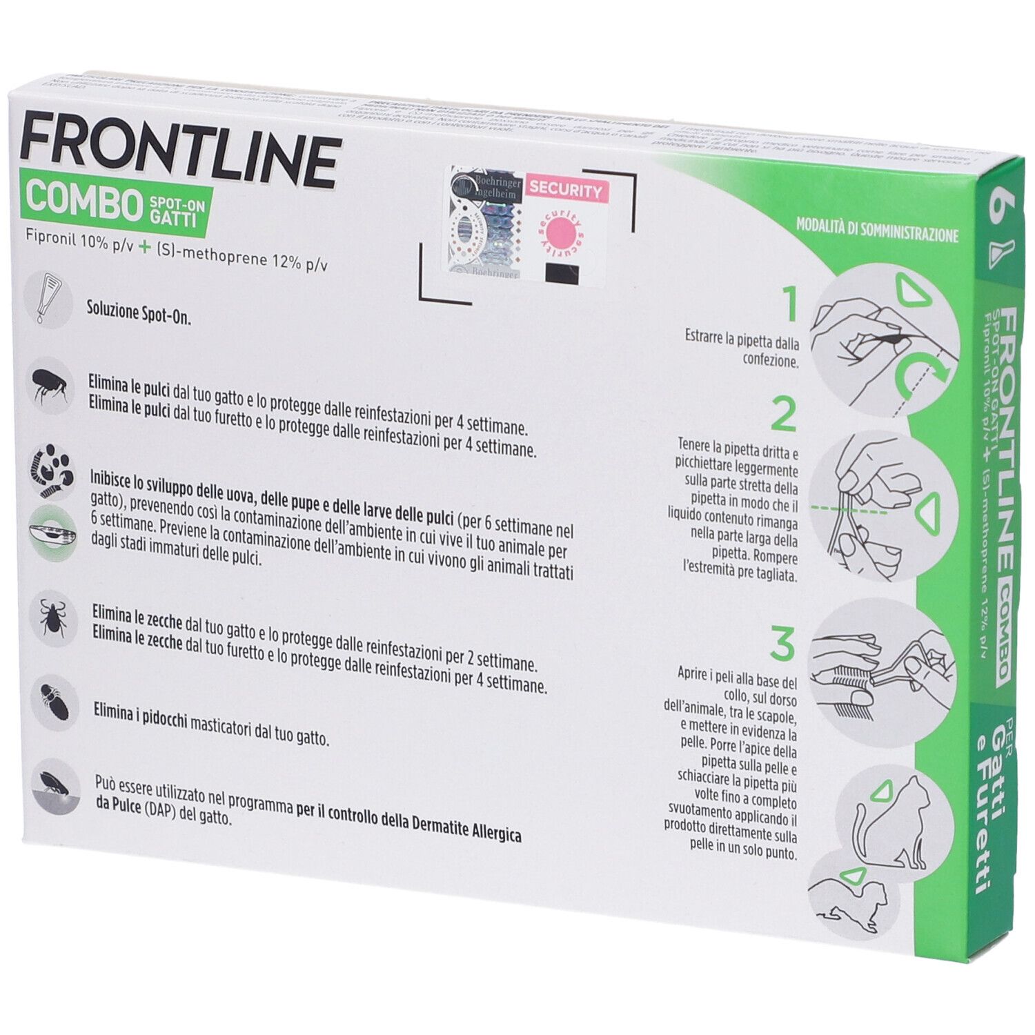 Retro della confezione Frontline Combo Gatti. Informazioni sull'uso e sui vantaggi.