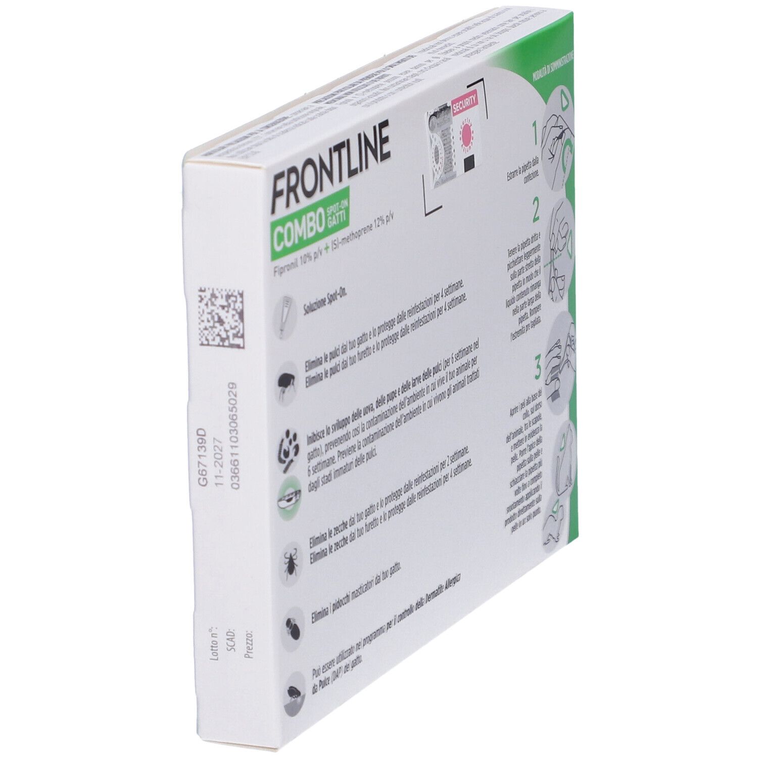 Vista laterale della confezione Frontline Combo Gatti. Informazioni e numero di lotto.