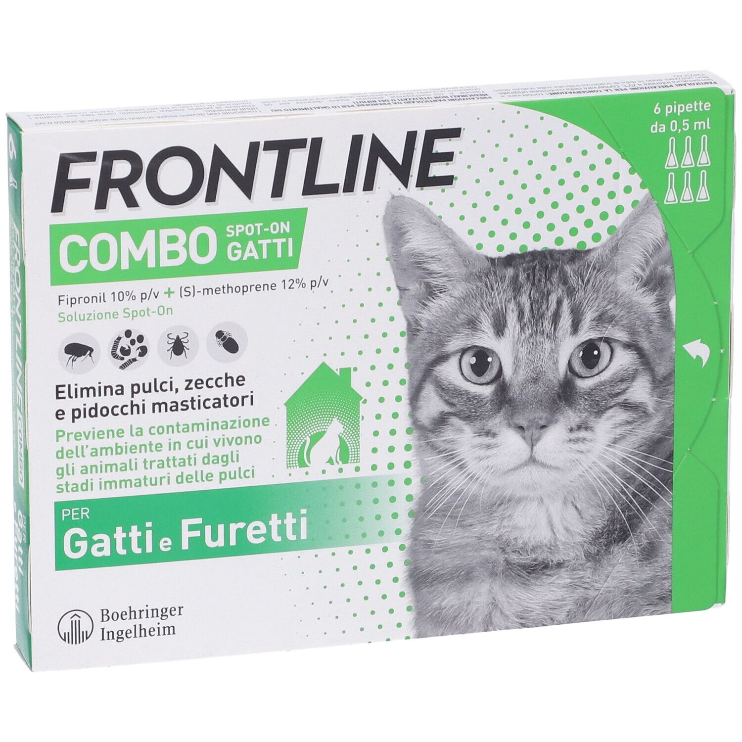 Confezione Frontline Combo Gatti. Contiene 6 pipette. Con gatto e informazioni.