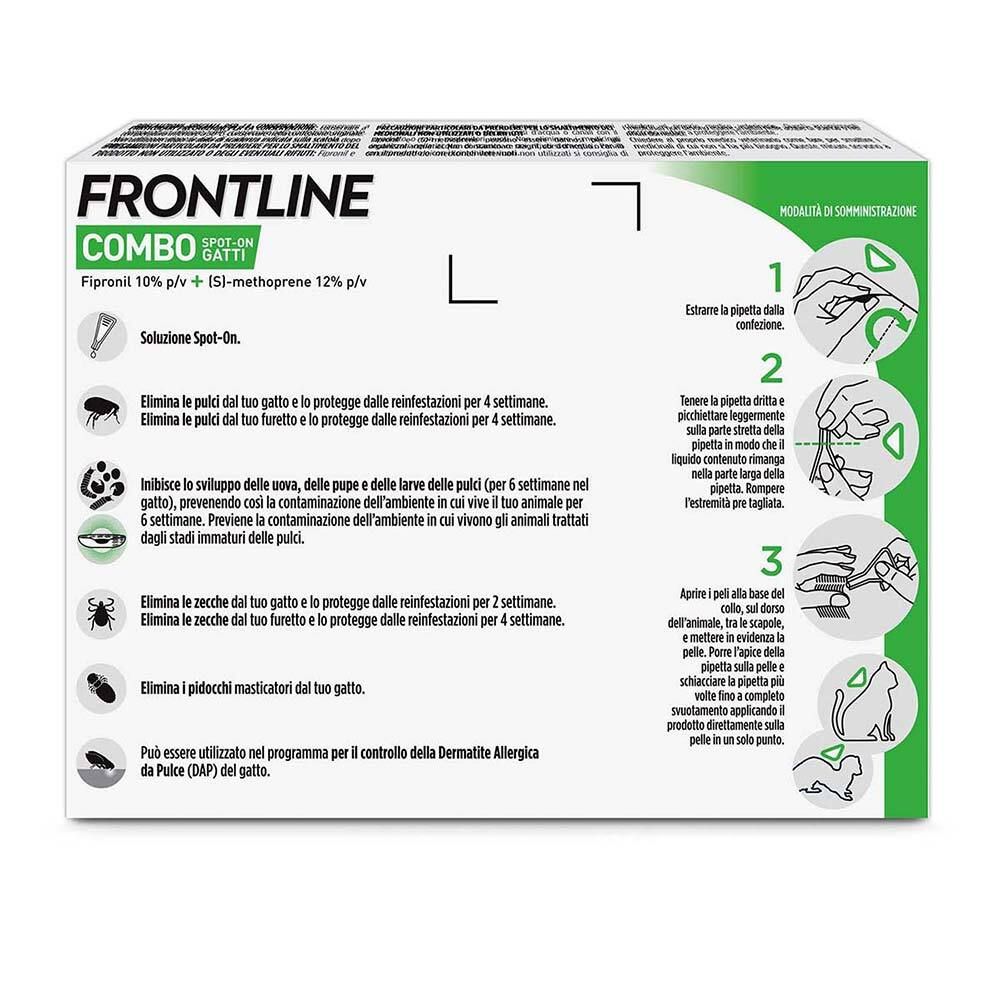 Retro della confezione Frontline Combo Gatti. Contiene informazioni sull'uso e sui vantaggi.