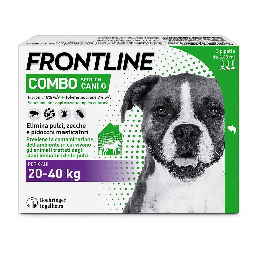 Confezione Frontline Combo Cani G. Contiene 3 pipette per cani 20-40 kg. Foto di cane e informazioni sul prodotto.