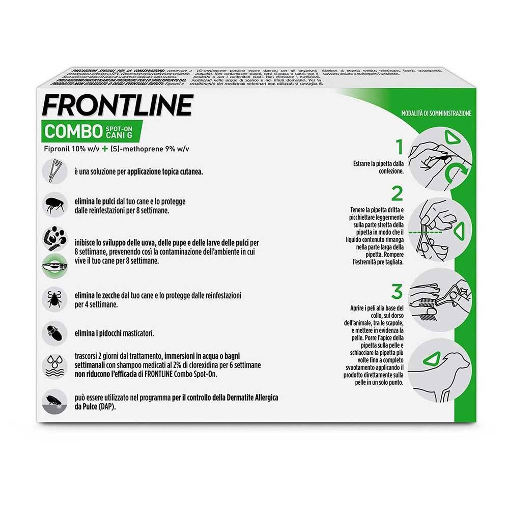 Retro della confezione Frontline Combo Cani G. Contiene istruzioni per l'uso e informazioni sul prodotto.