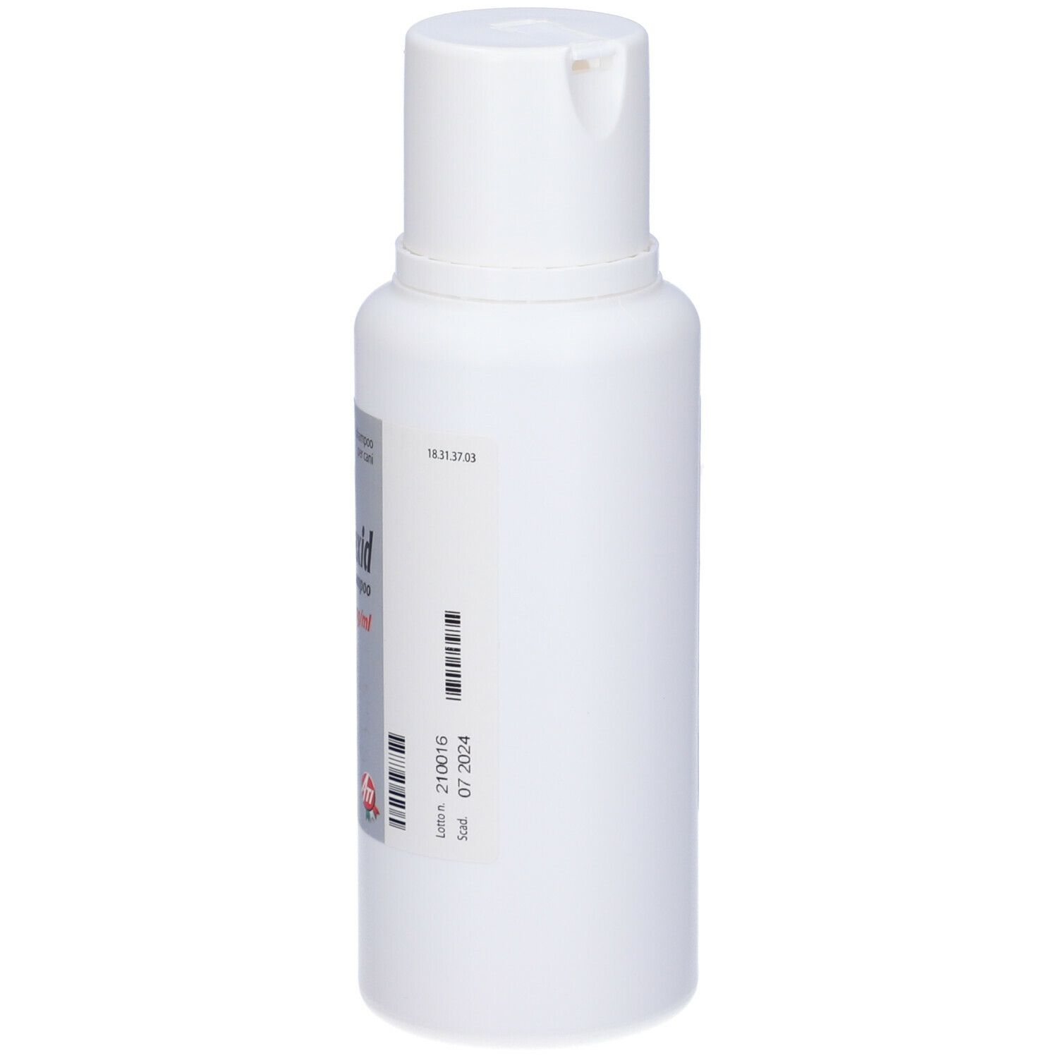 Flacone bianco con etichetta. Contiene codice a barre e data di scadenza. Per animali.