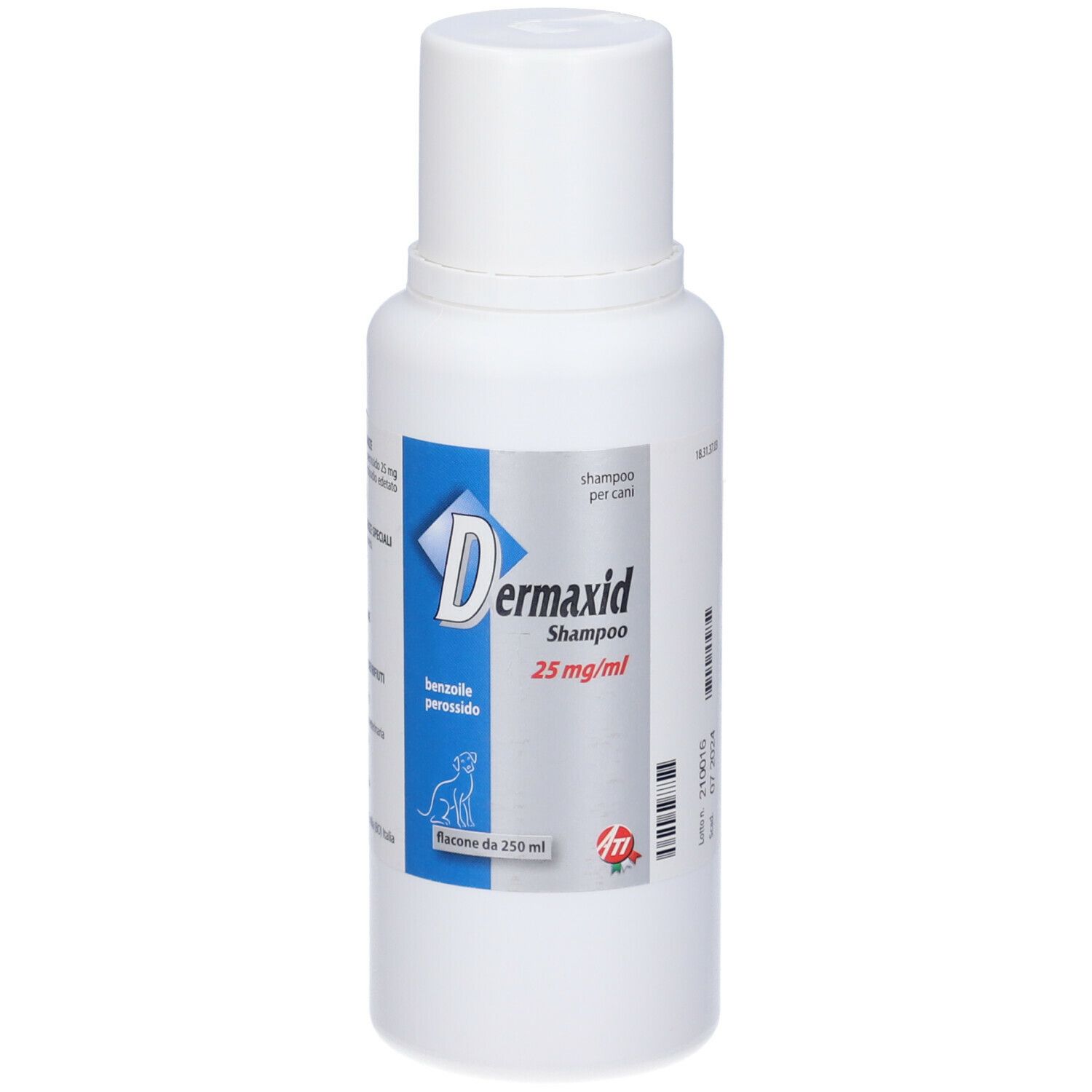 Flacone bianco con etichetta blu. Testo: Dermaxid Shampoo 25 mg/ml. Per animali.