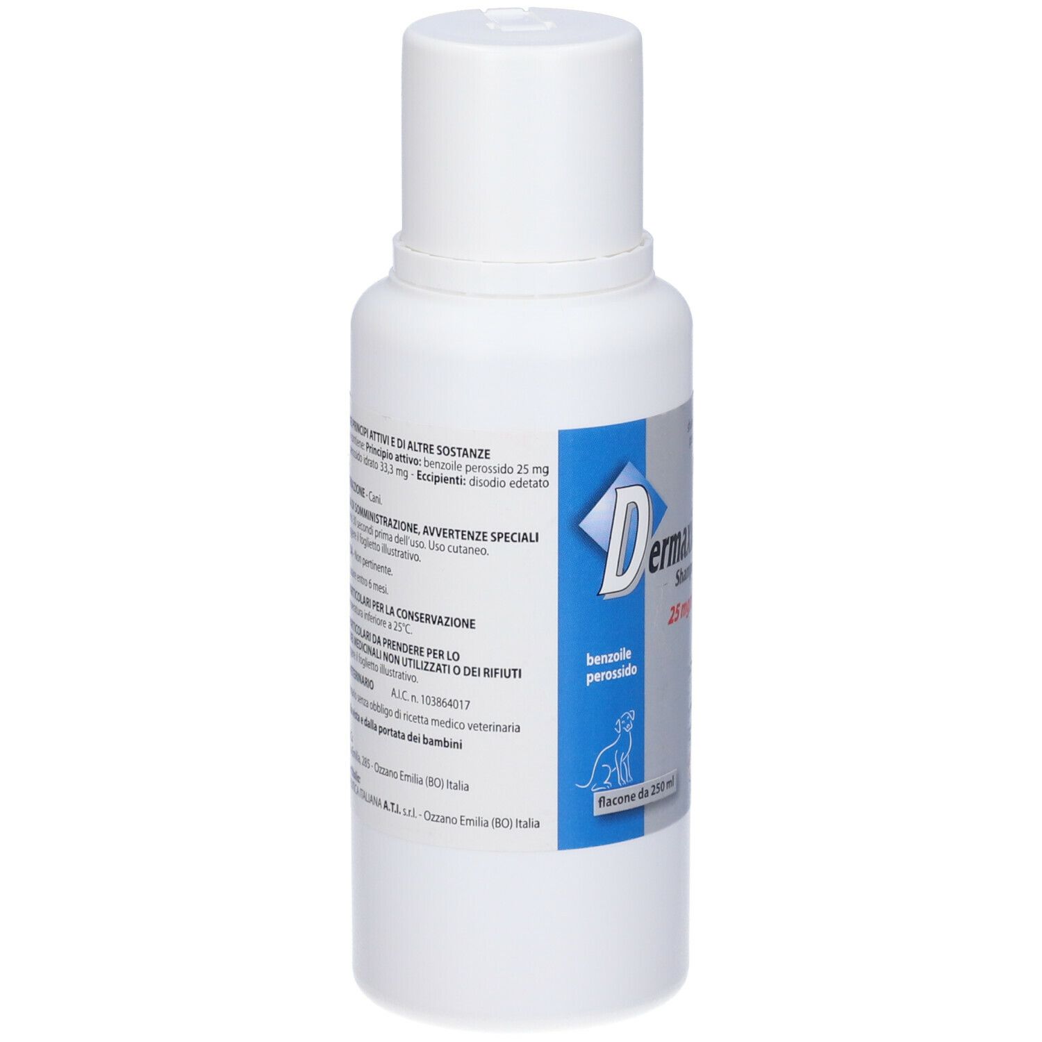 Flacone bianco con etichetta blu. Testo: Dermaxid Shampoo 25 mg/ml. Per animali.