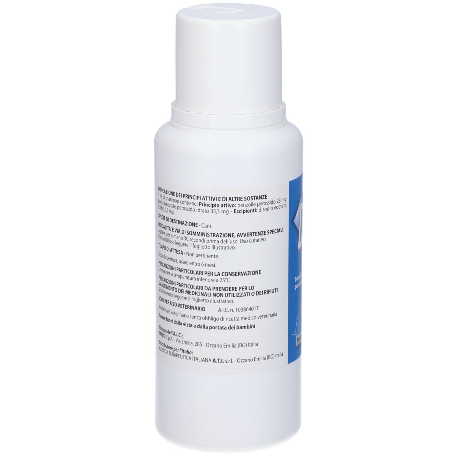 Flacone bianco con etichetta blu. Testo: Dermaxid Shampoo 25 mg/ml. Per animali.