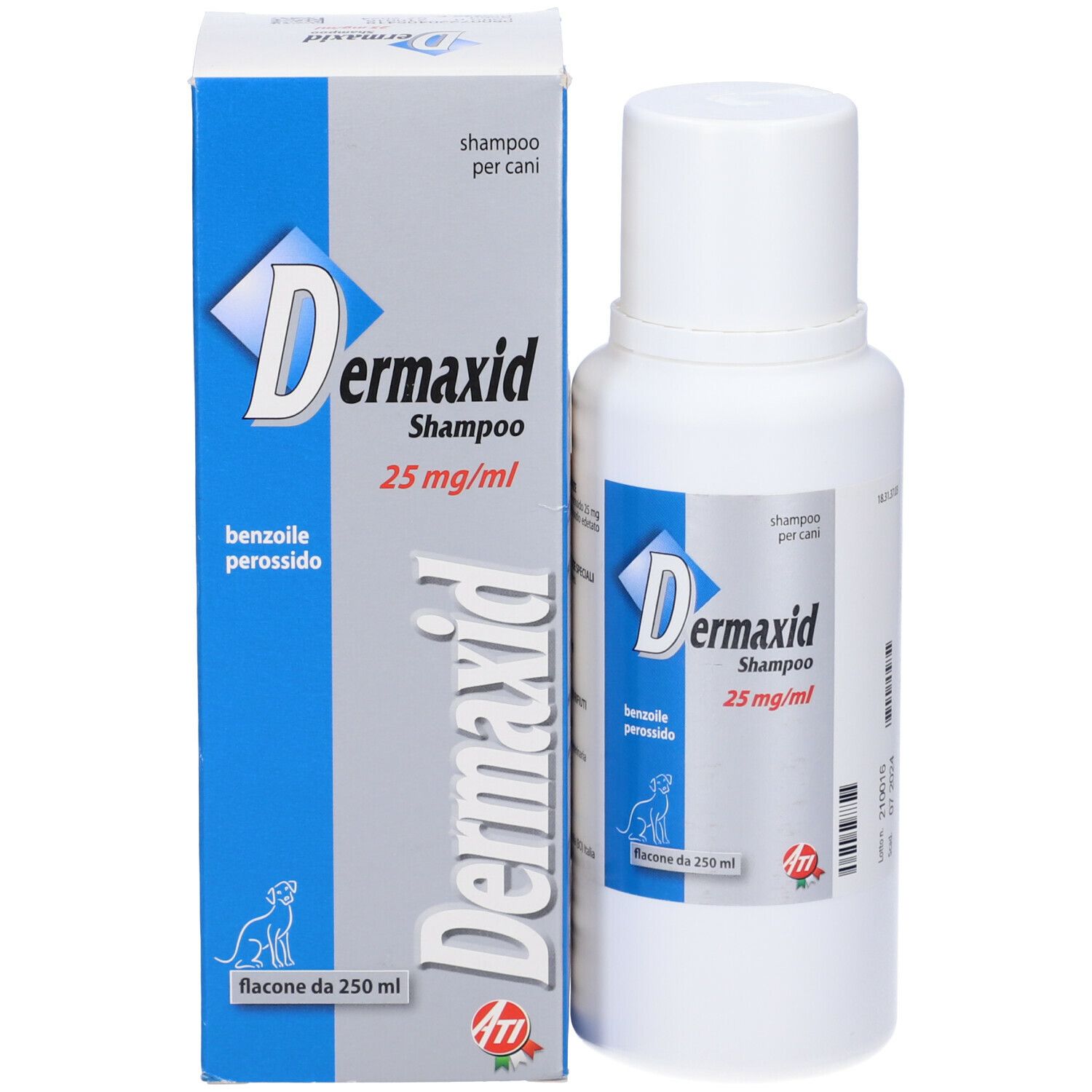 Confezione del prodotto con flacone. Testo: Dermaxid Shampoo 25 mg/ml. Per animali.