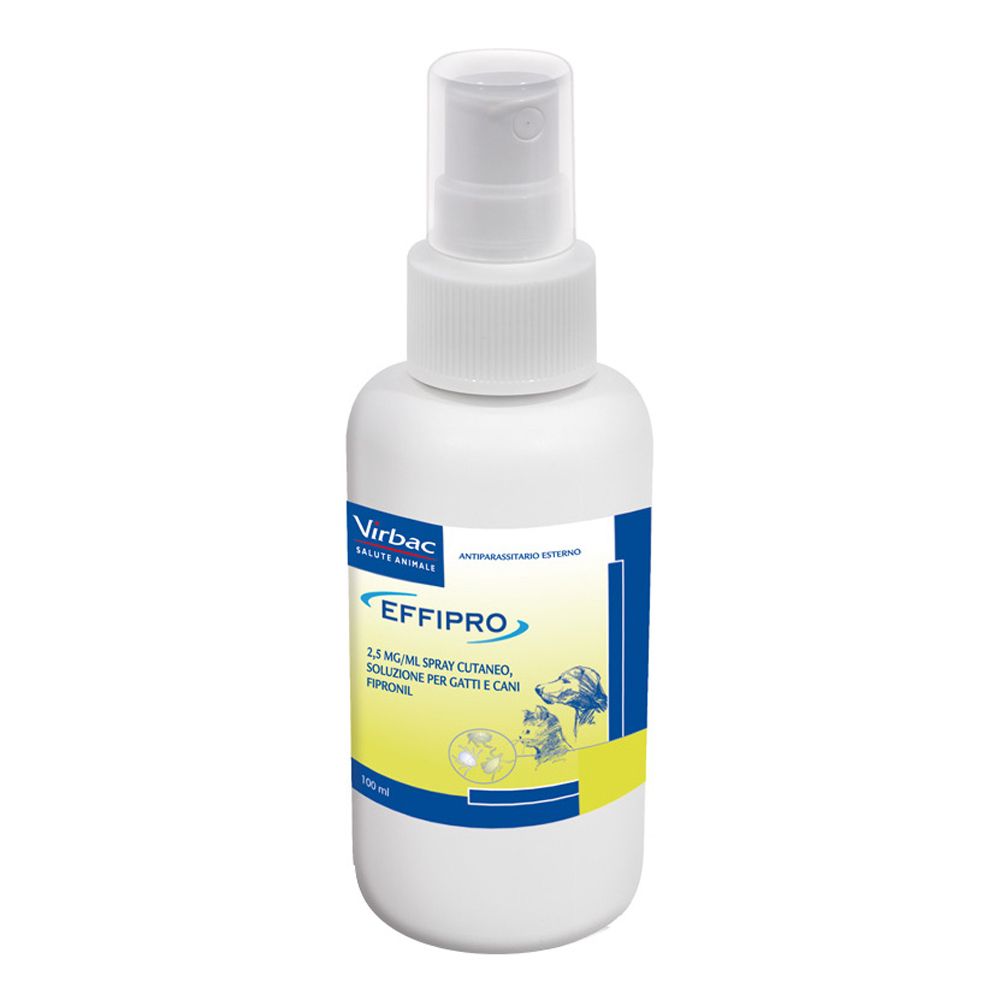 Flacone spray bianco con etichetta blu e gialla. Scritta: Effipro, 2,5 mg/ml spray, soluzione per cani e gatti. Logo Virbac.