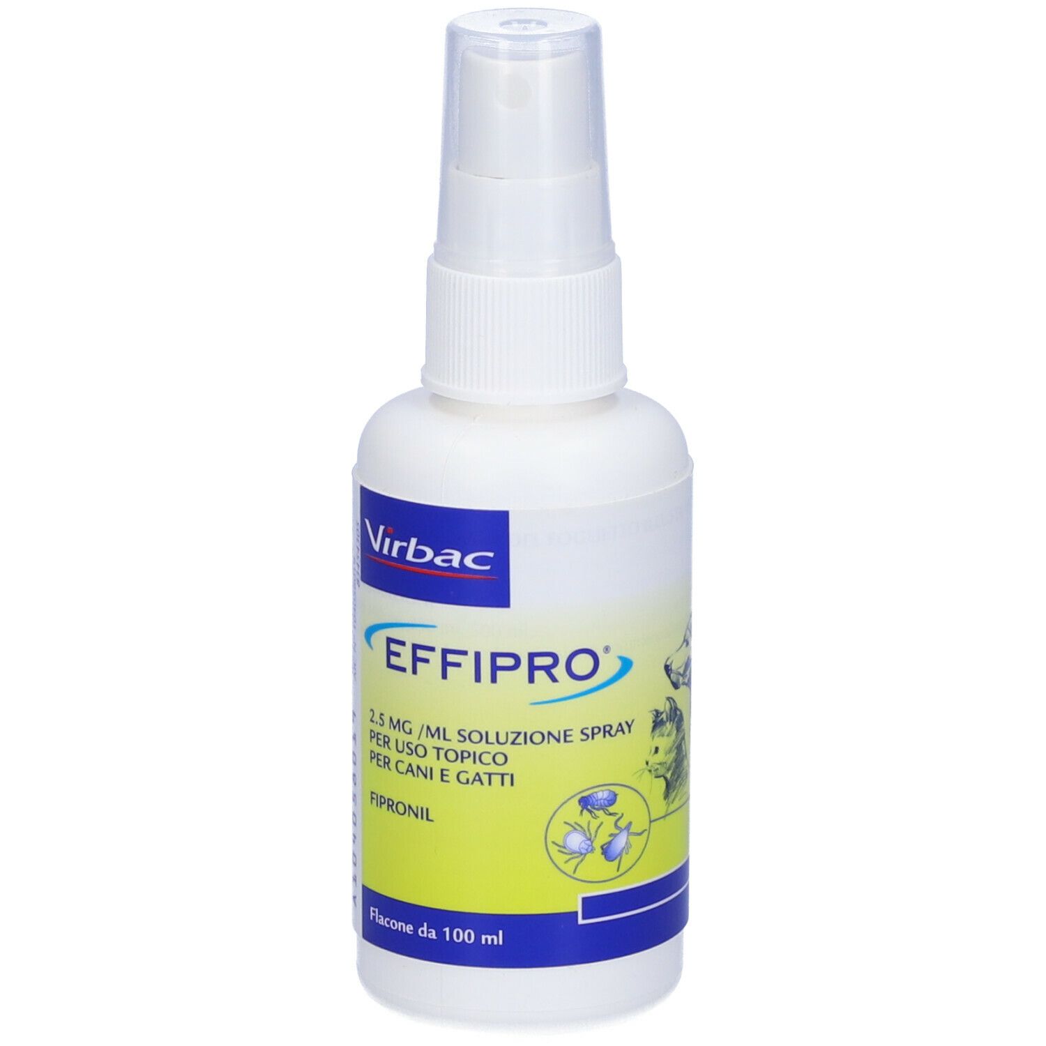 Flacone spray bianco con etichetta blu e gialla. Scritta: Effipro, 2,5 mg/ml spray, soluzione per cani e gatti. Logo Virbac.