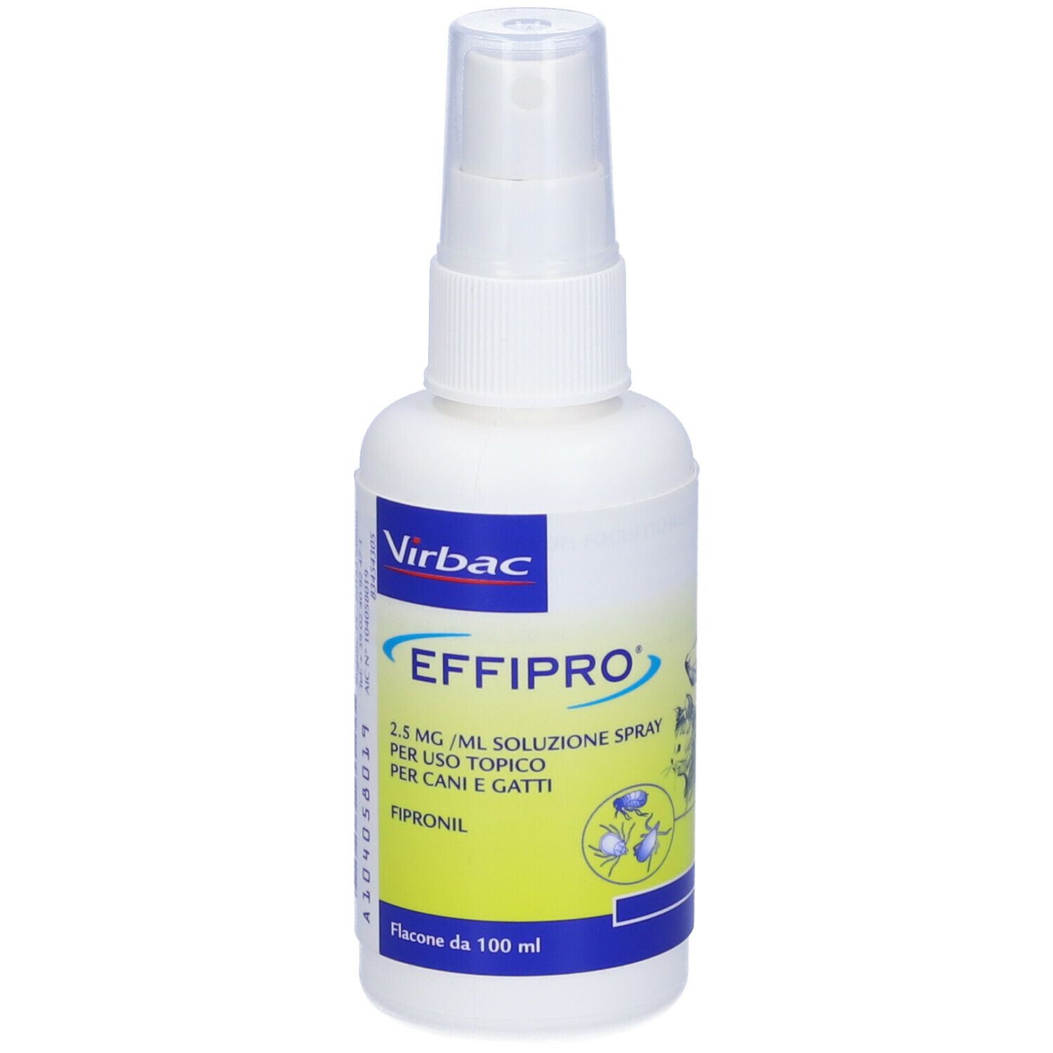 Flacone spray bianco con etichetta blu e gialla. Scritta: Effipro, 2,5 mg/ml spray, soluzione per cani e gatti. Logo Virbac.