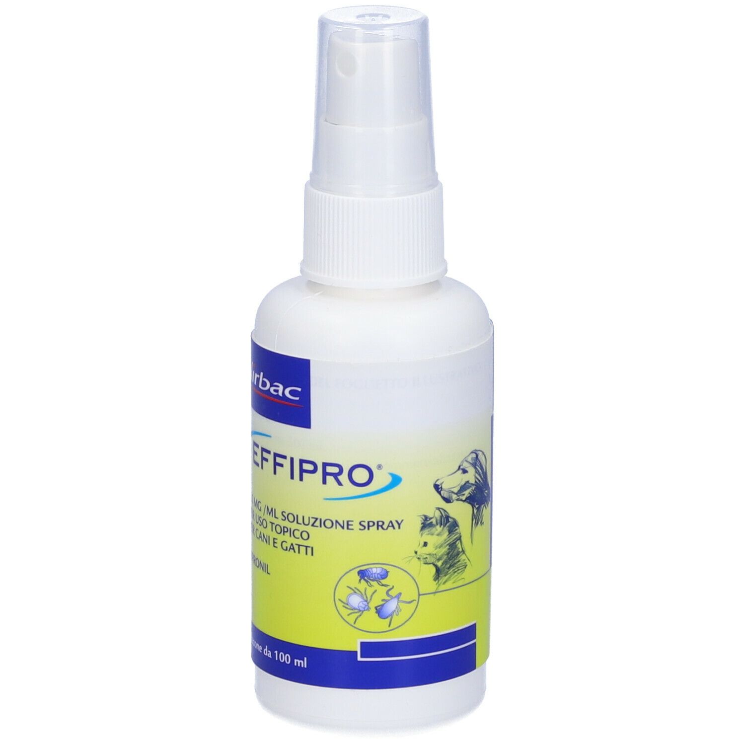 Flacone spray bianco con etichetta blu e gialla. Scritta: Effipro, 2,5 mg/ml spray, soluzione per cani e gatti. Logo Virbac.