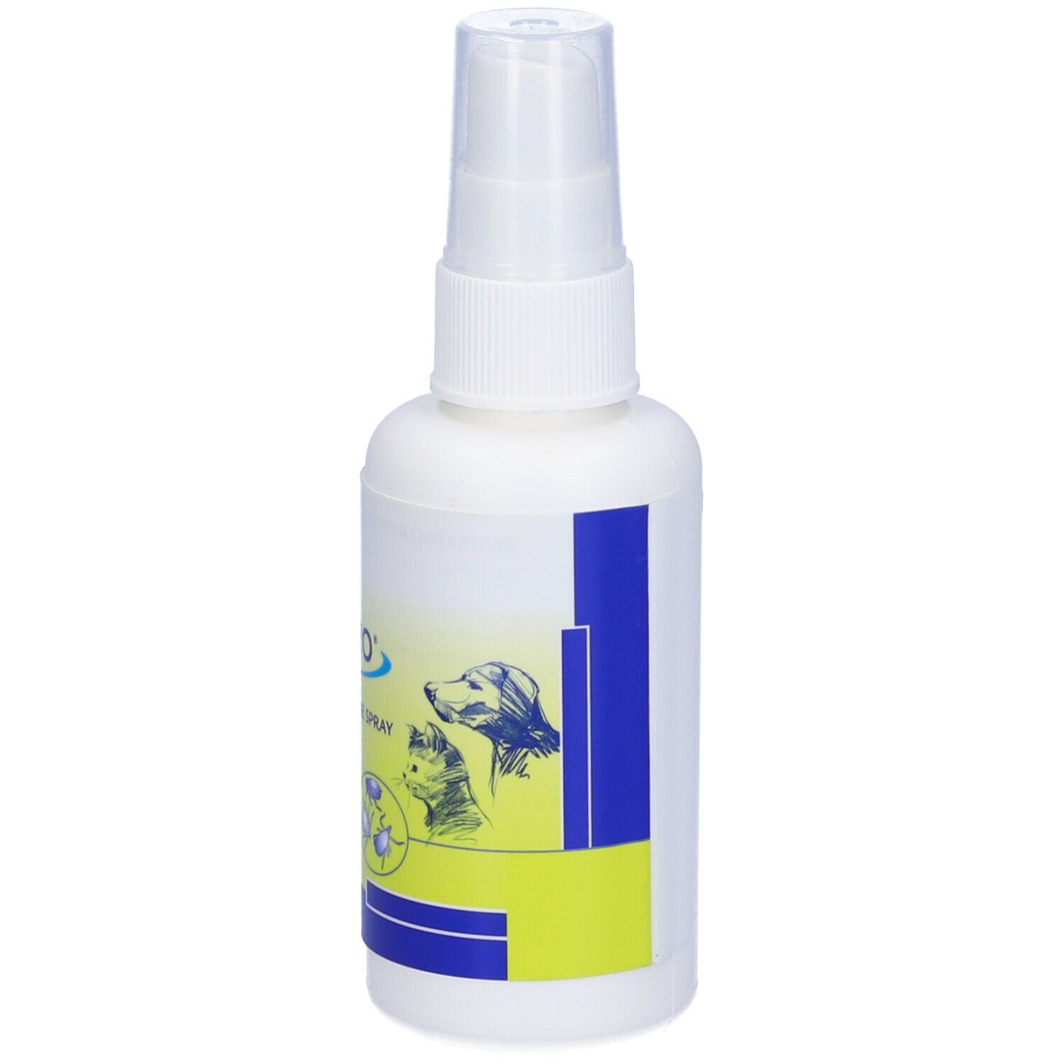 Flacone spray bianco con etichetta blu e gialla. Scritta: Effipro, 2,5 mg/ml spray, soluzione per cani e gatti. Logo Virbac.