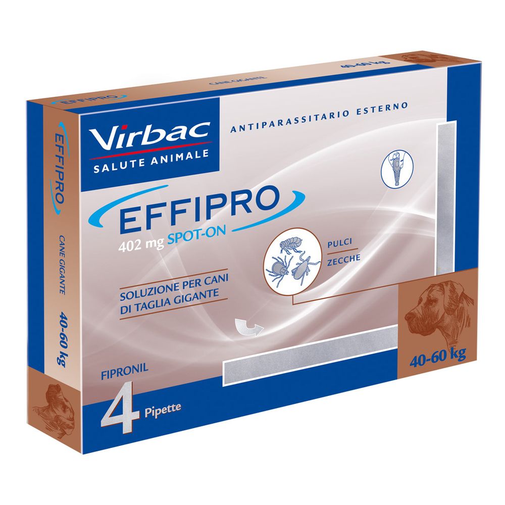 Confezione EFFIPRO spot-on. Contiene 4 pipette per cani 40-60 kg. Marchio Virbac, testo: Antiparassitario esterno.