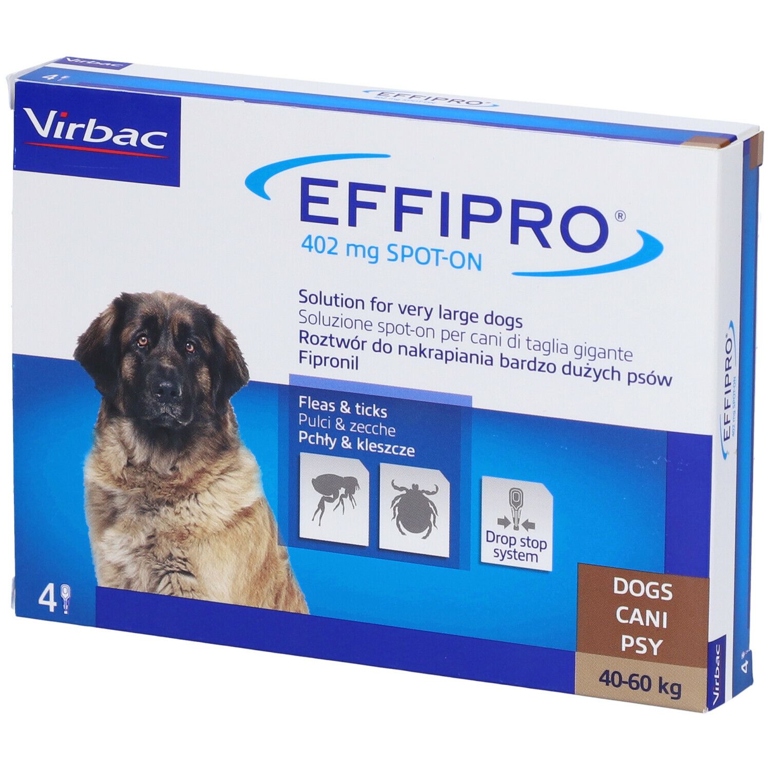Confezione EFFIPRO spot-on. Contiene 4 pipette. Per cani 40-60 kg. Marchio Virbac. Testo: Soluzione per cani di taglia gigante.