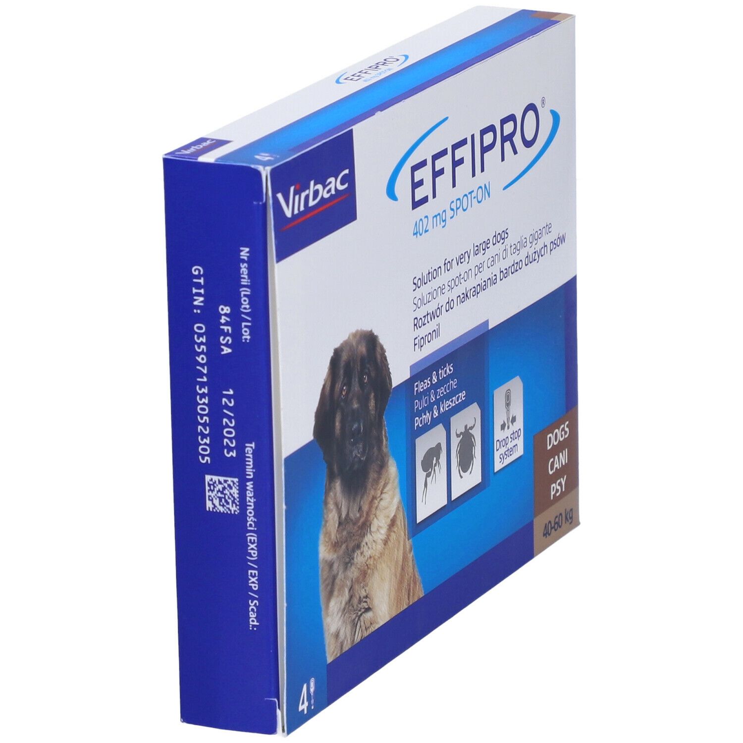 Confezione EFFIPRO spot-on. Contiene 4 pipette. Per cani 40-60 kg. Marchio Virbac. Testo: Soluzione per cani di taglia gigante.