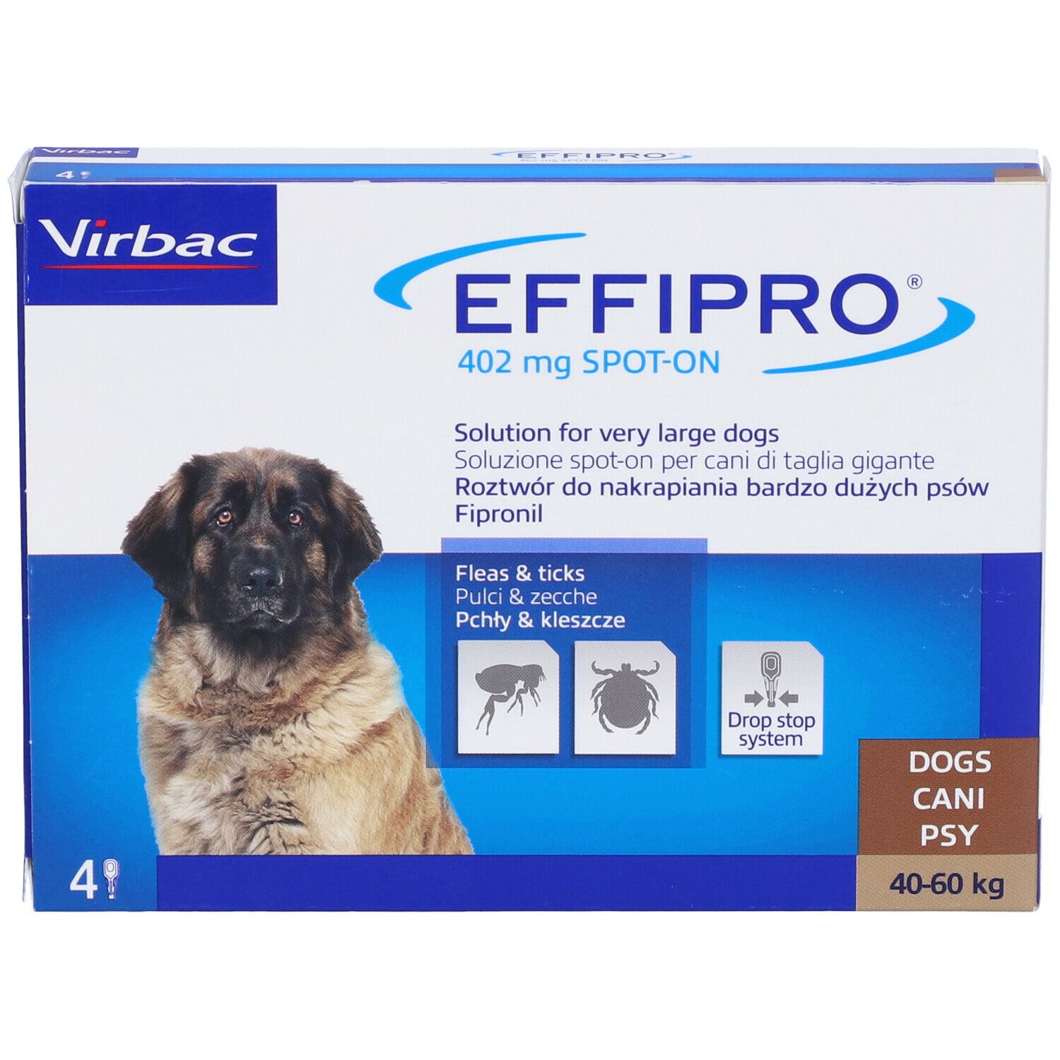Confezione EFFIPRO spot-on. Contiene 4 pipette. Per cani 40-60 kg. Marchio Virbac. Testo: Soluzione per cani di taglia gigante.