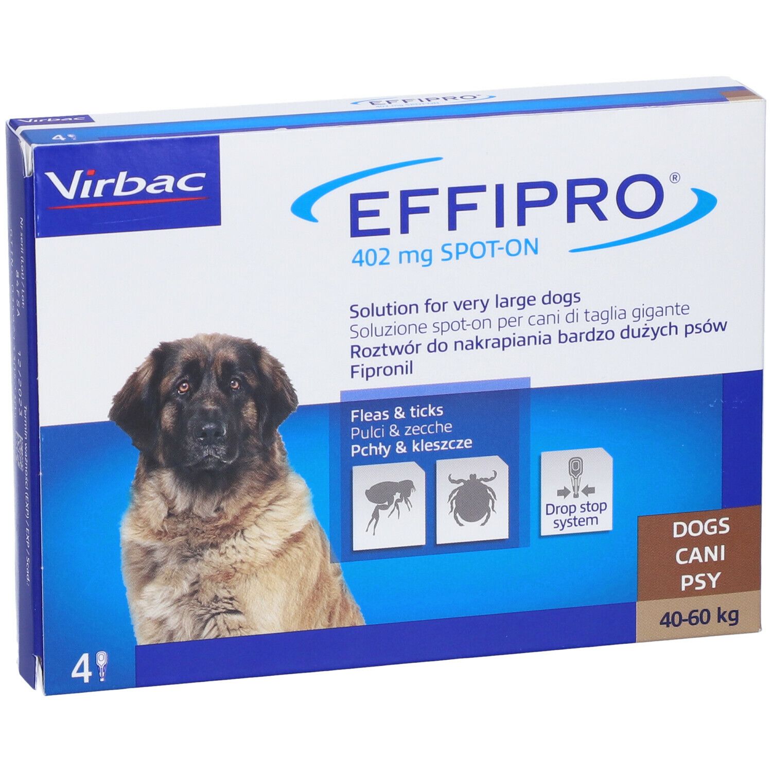 Confezione EFFIPRO spot-on. Contiene 4 pipette. Per cani 40-60 kg. Marchio Virbac. Testo: Soluzione per cani di taglia gigante.