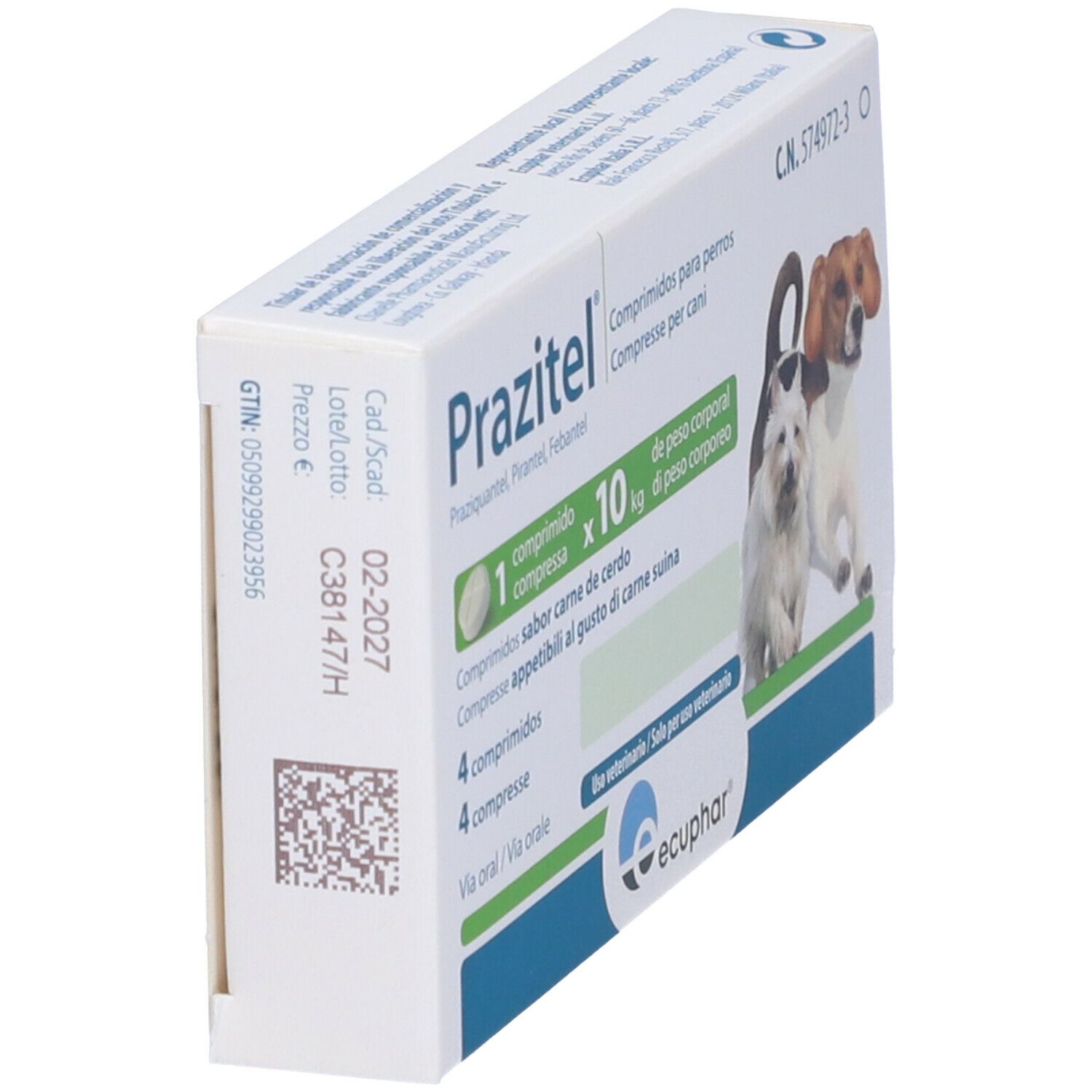 Scatola Prazitel, vista laterale. Contiene 4 compresse per cani. Testo e codice QR sul lato. Immagine di cani.