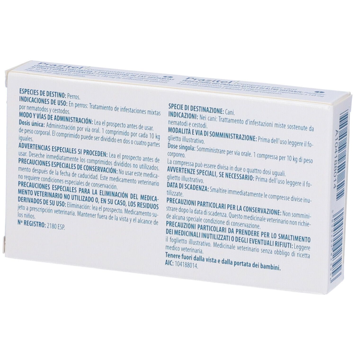 Scatola bianca con testo. Informazioni sull'uso di Prazitel per cani. Testo multilingue.