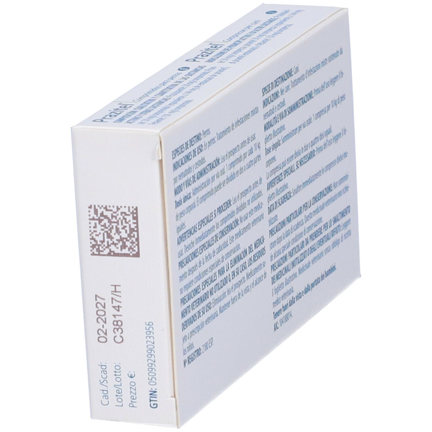 Scatola Prazitel, vista laterale. Testo e codice QR sul lato. Contiene informazioni sul prodotto.
