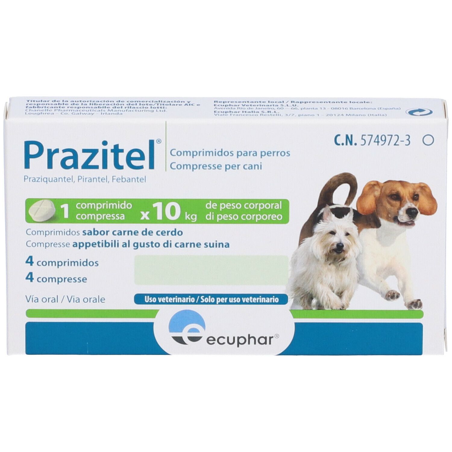Scatola bianca Prazitel per cani. Contiene 4 compresse. Immagine di due cani. Testo multilingue.